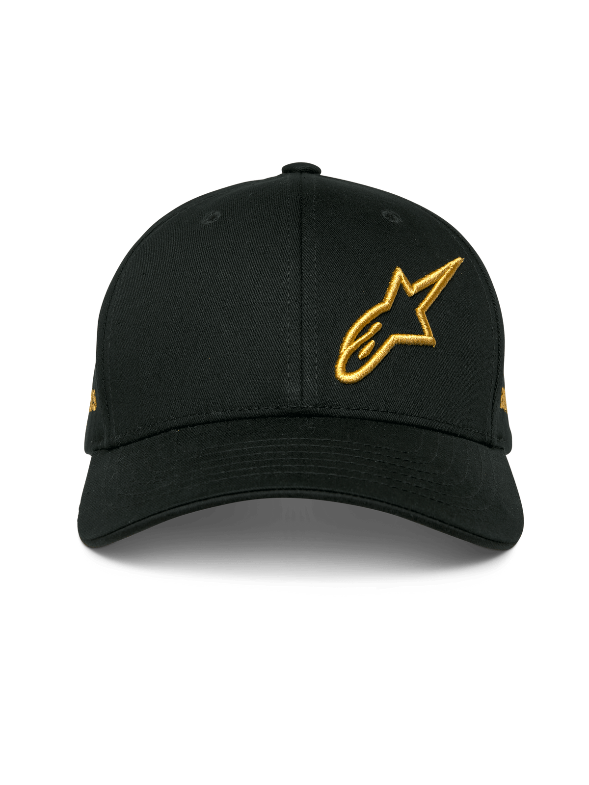 Alpinestars Sessionized Kappe, schwarze Snapback-Kappe mit gebogenem Schirm, goldenes 3D-besticktes Astars-Logo vorne links, strukturiertes Baumwoll-Twill-Design, lässige Motorsport-Kopfbedeckung