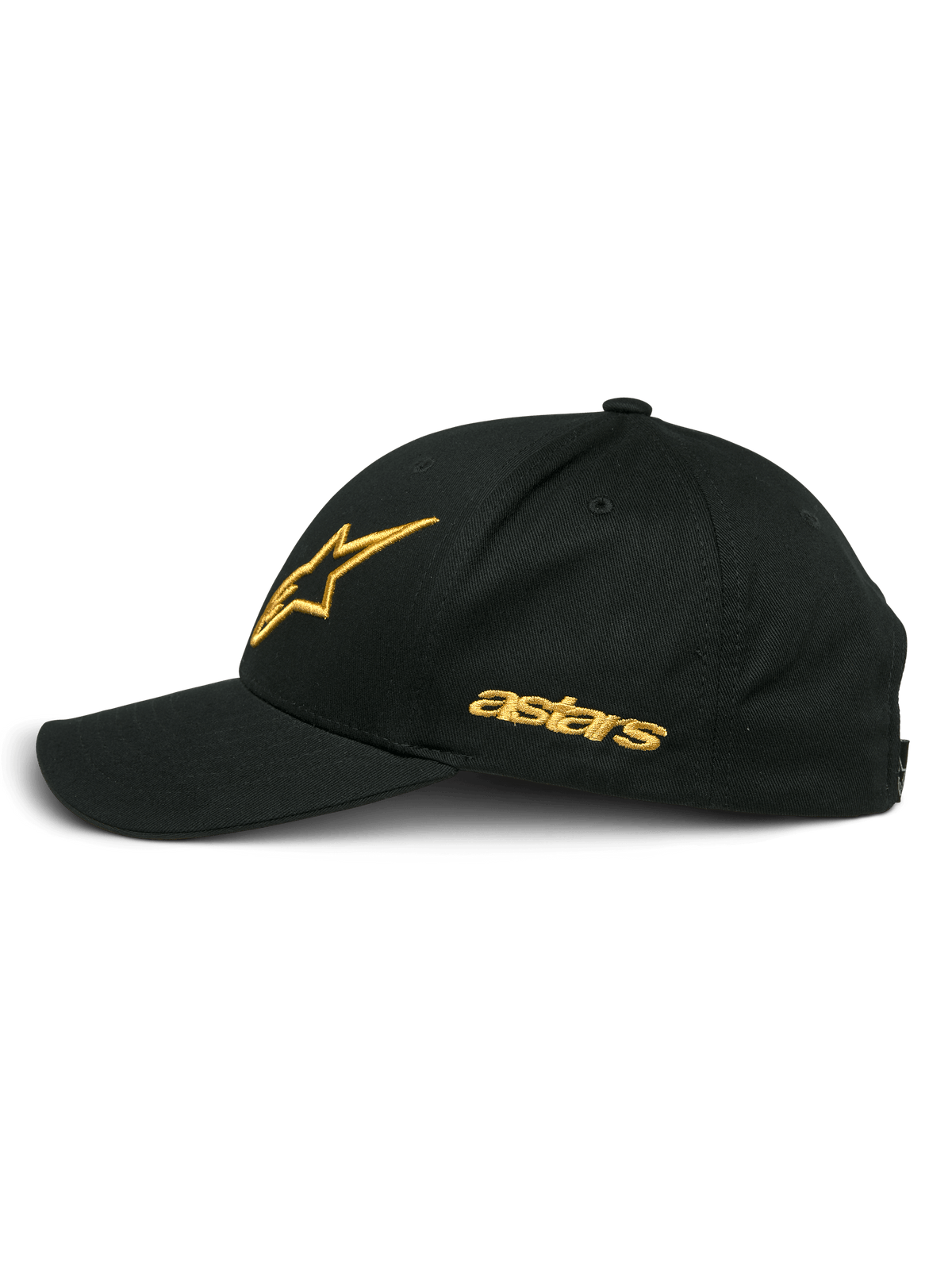 Alpinestars Sessionized pet, zwart en goud, zijaanzicht met goud geborduurd sterlogo en astars tekst, gebogen klep, gestructureerde kroon, casual motorsport-geïnspireerde hoofdbedekking.