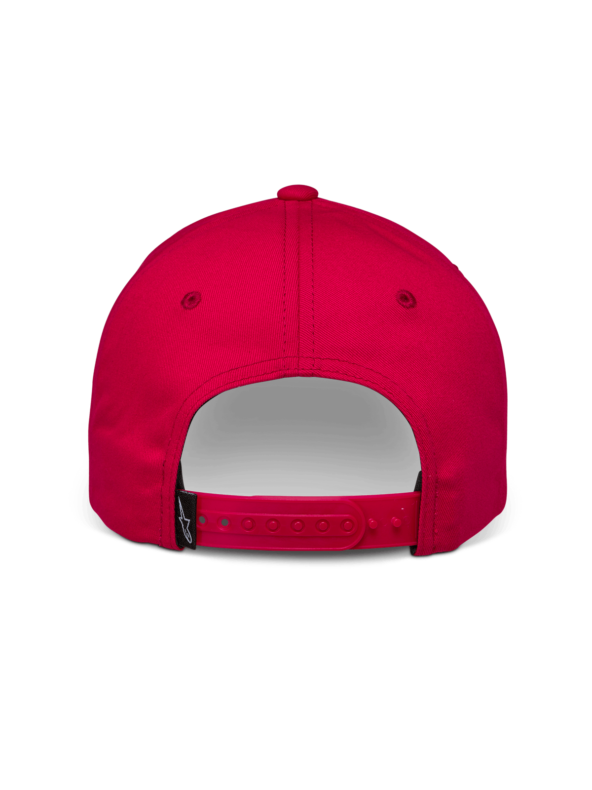 Alpinestars Profile Mütze, rote Snapback-Kappe, Rückansicht mit verstellbarem Verschluss und kleinem schwarzen Alpinestars-Logo-Etikett, Baumwoll-Twill, lässiges Motorsport-Accessoire