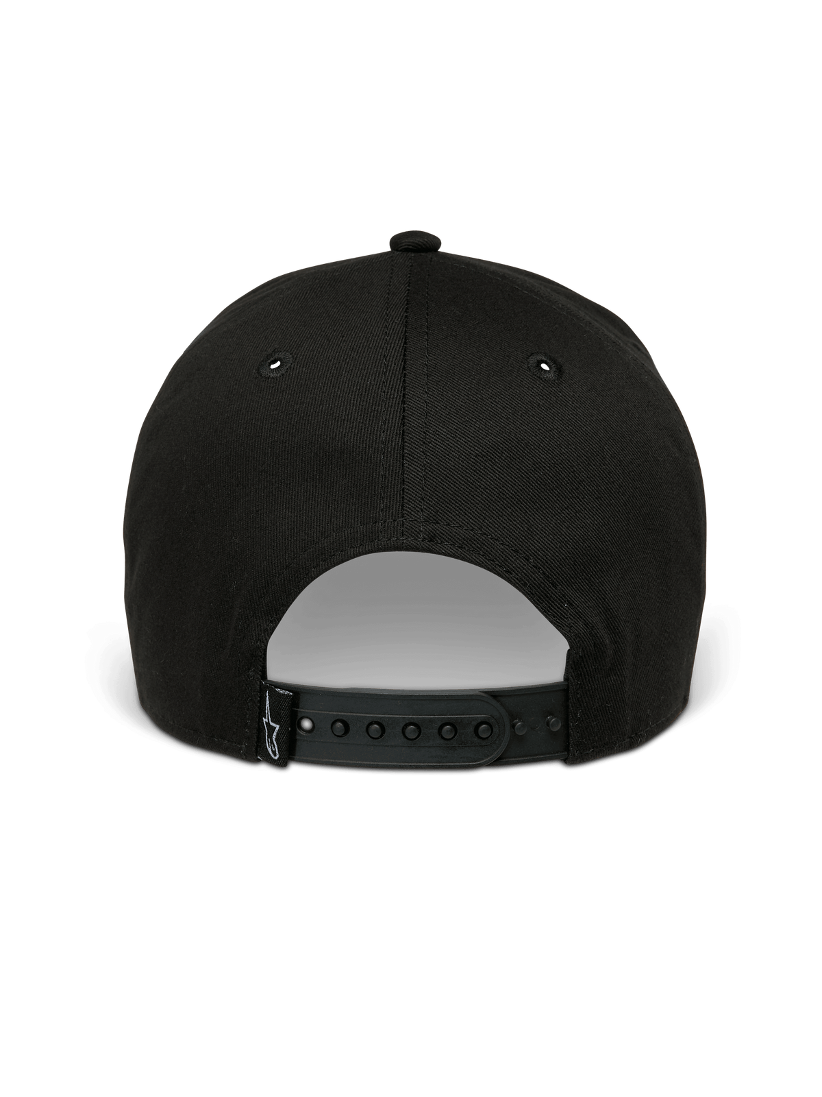 Alpinestars Metal Logo Pet, snapback pet, zwart, achteraanzicht met verstelbare snapback-sluiting en klein geweven logo-label, casual motorsport-geïnspireerde streetwear.