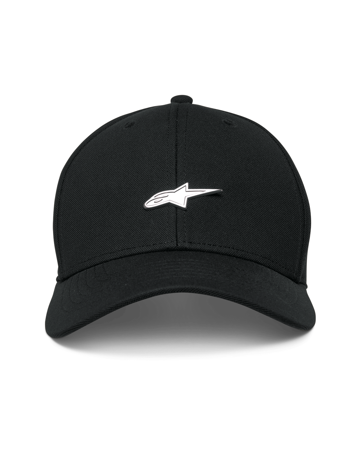 Alpinestars Metal Logo pet, zwart, gestructureerde baseballcap met gebogen klep, 3D gevormde metalen logobadge, mini pique stof, casual motorsport streetwear