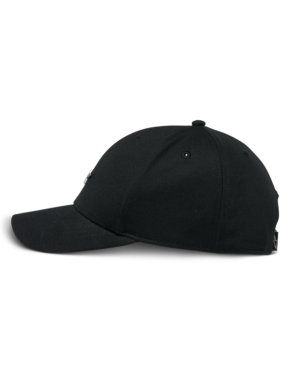 Alpinestars Metal Logo pet, zwarte snapback pet, zijaanzicht, gebogen klep met gestructureerde kroon, mini pique-stof, casual motorsport-geïnspireerde streetwear