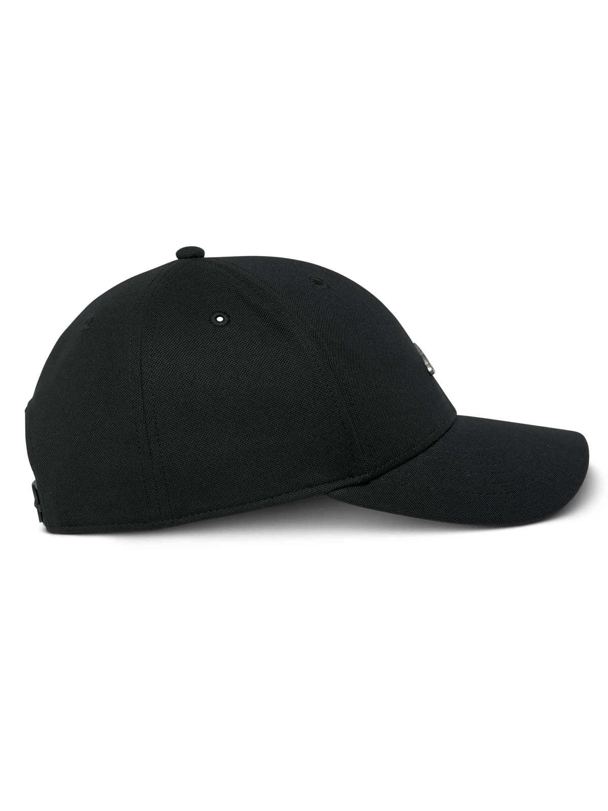 Alpinestars Metal Logo pet, zwart, zijaanzicht van een snapback cap met gebogen klep, gestructureerde kroon van mini pique materiaal en 3D gevormde metalen logobadge, casual motorsport streetwear