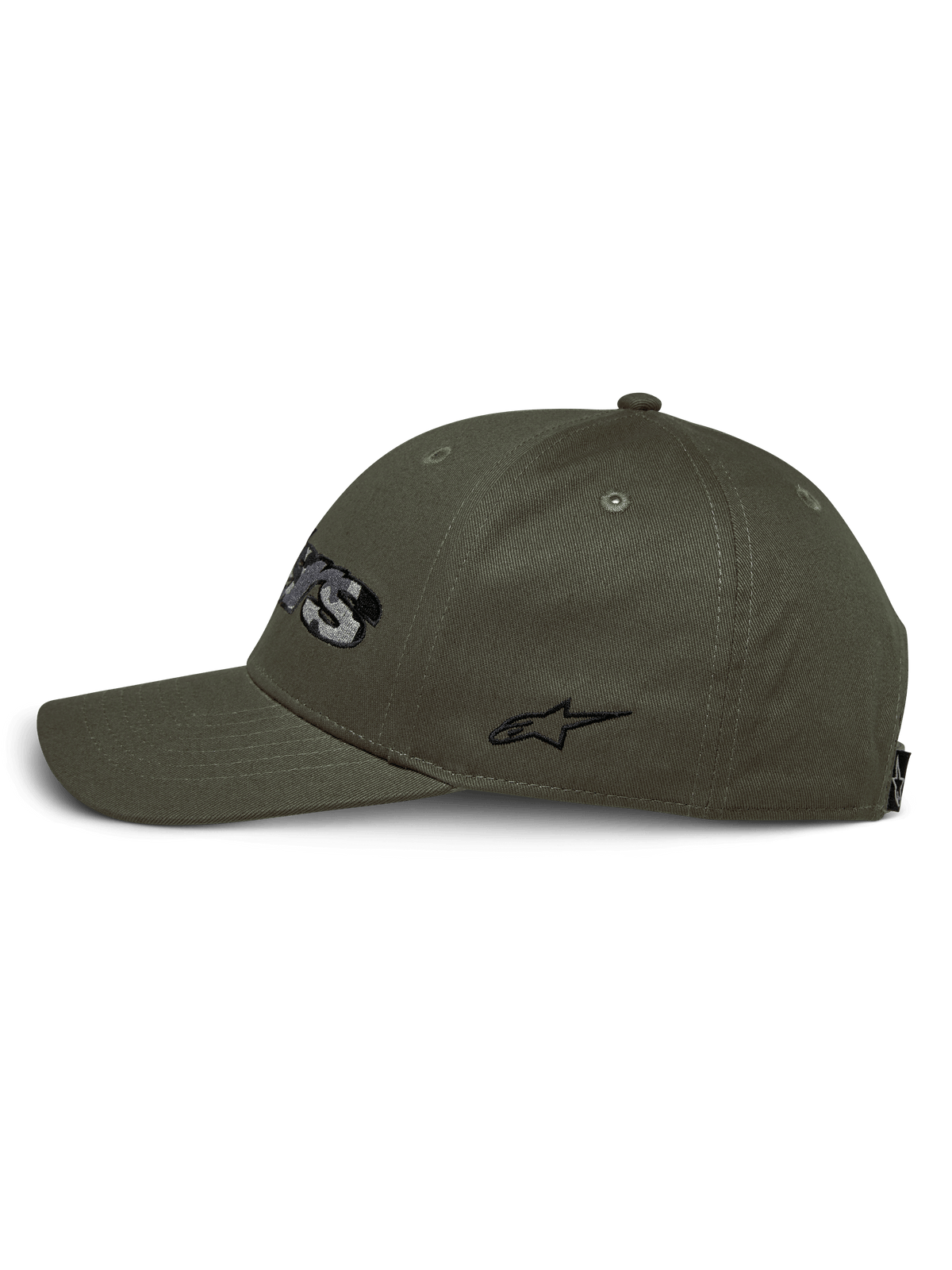 Alpinestars Canyon Hat, side view, military green, curved bill with structured crown, cotton twill fabric, featuring a black embroidered side logo, casual motorsport streetwear
