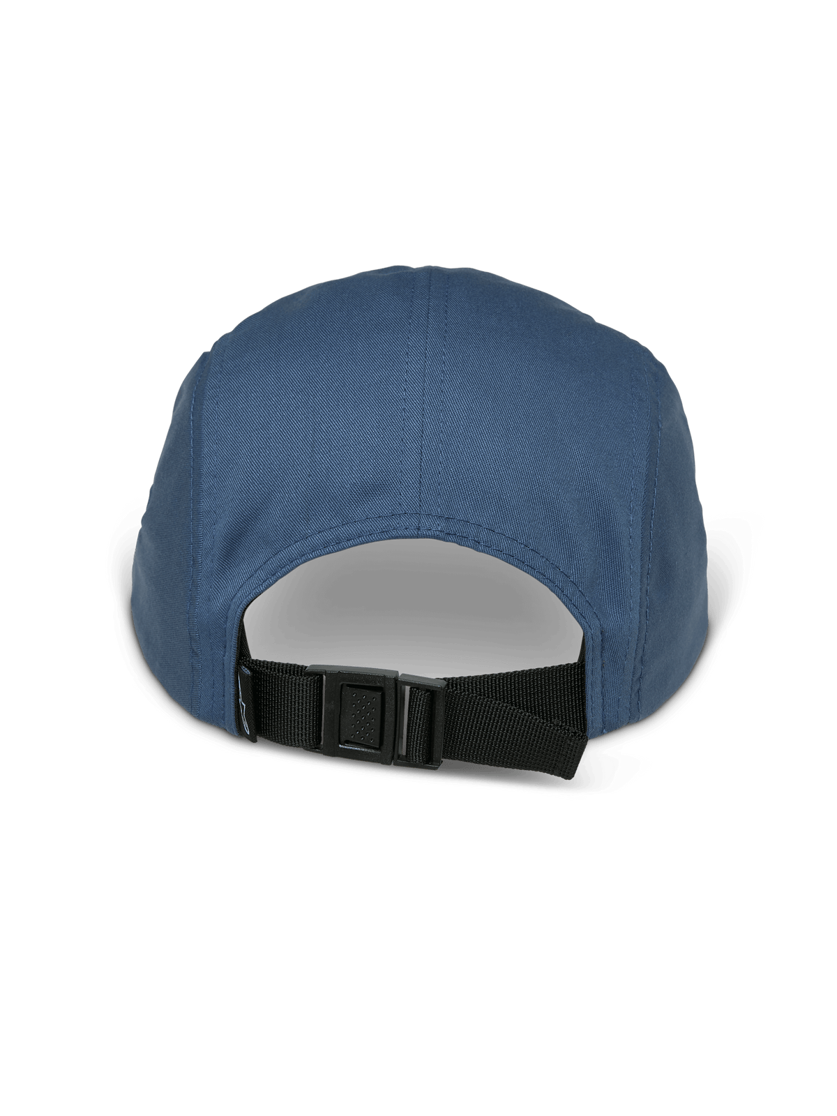 Alpinestars Peasy Kappe, 5-Panel-Jockey-Hut, Blau, Rückansicht mit verstellbarem schwarzen Clip-Schnallenverschluss und unstrukturierter Krone, Twill-Gewebe, lässige vom Motorsport inspirierte Streetwear