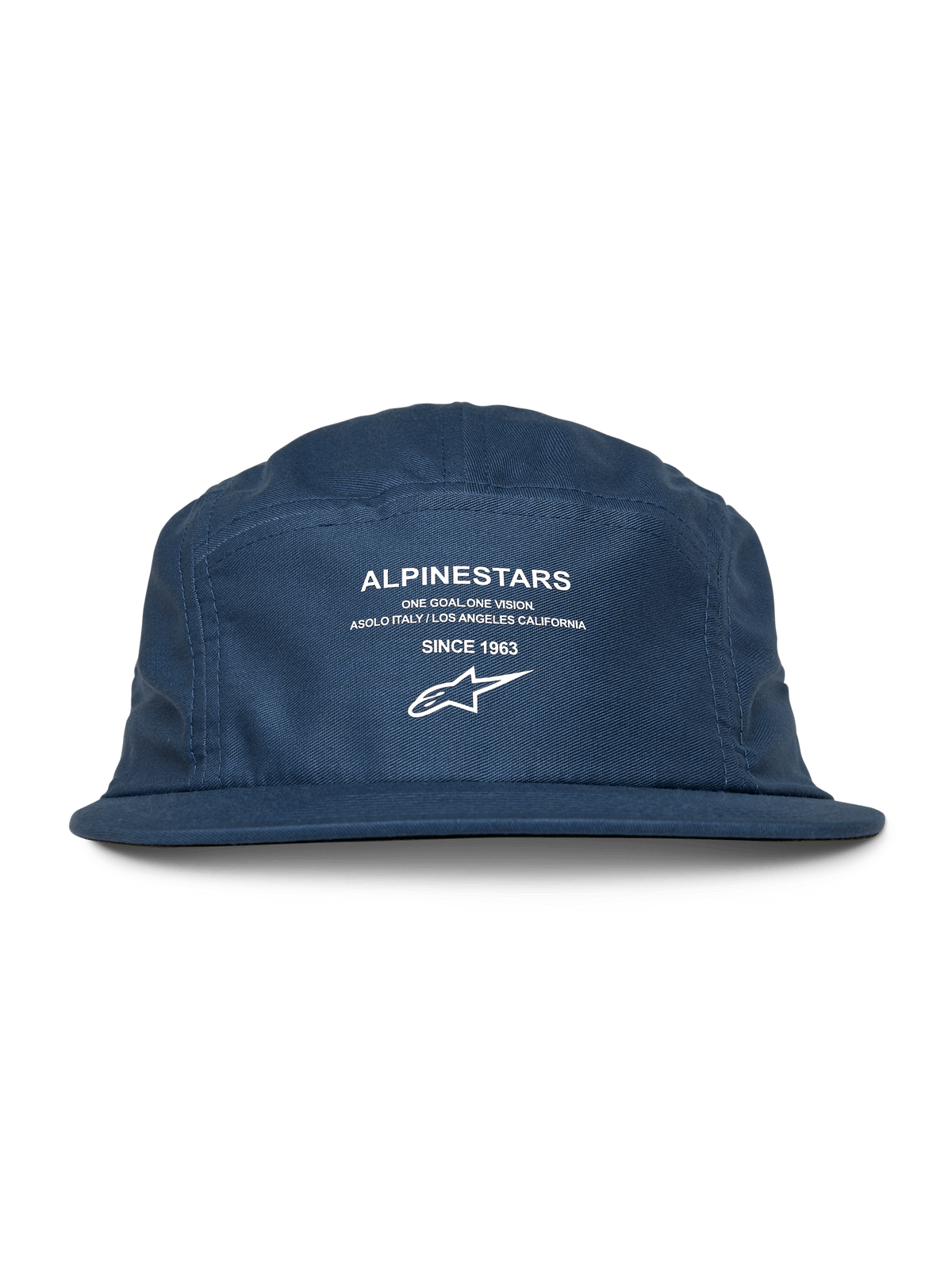 Alpinestars Peasy Kappe, 5-Panel-Jockey-Mütze, Blau, flacher Schirm mit unstrukturierter Krone, weiße Frontgrafik mit Logo und „Since 1963“-Schriftzug, lässige, vom Motorsport inspirierte Kopfbedeckung