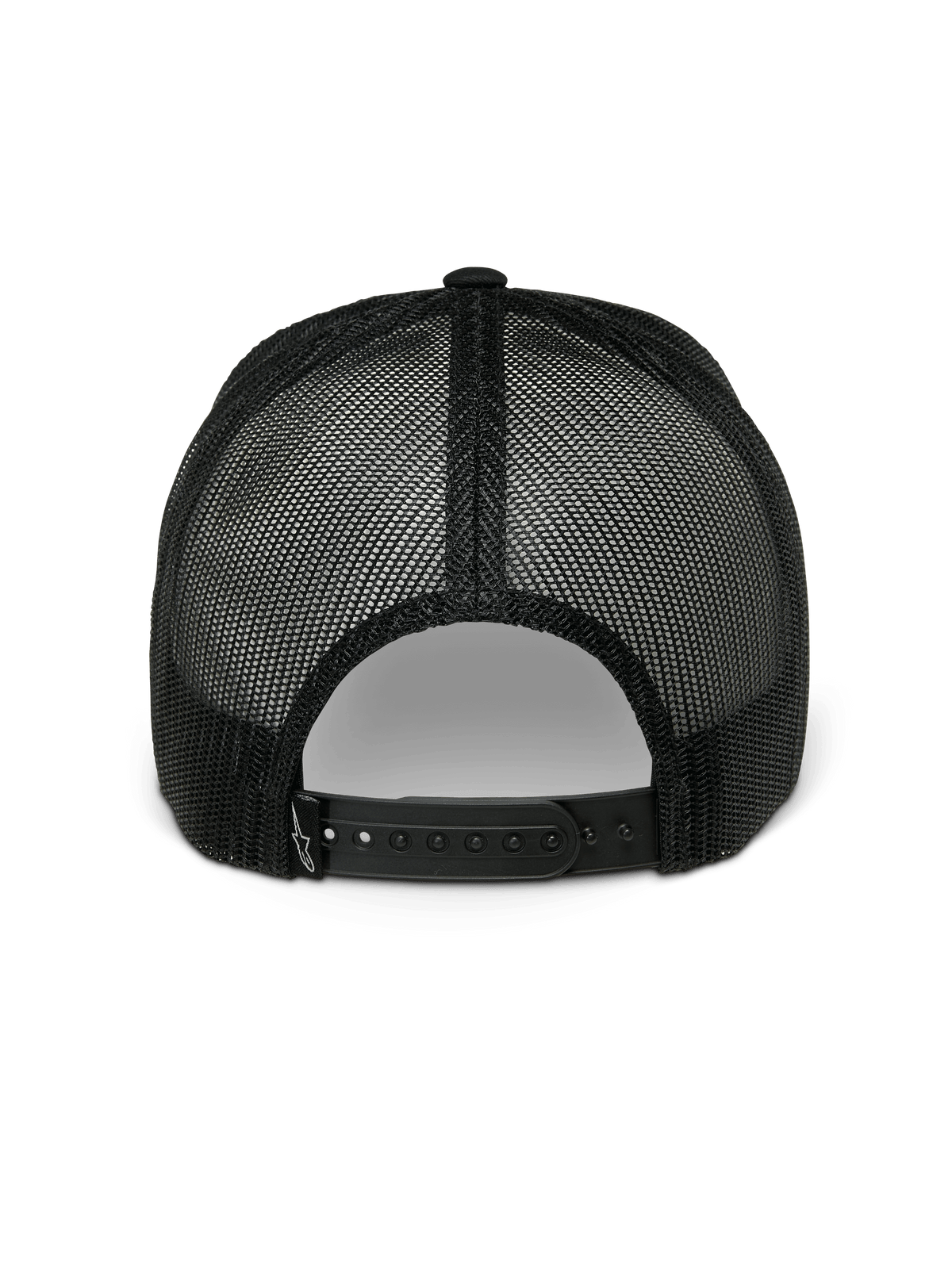 Alpinestars Gambit Trucker Hat, Snapback-Mütze, Schwarz, Rückansicht mit atmungsaktiven Poly-Mesh-Einsätzen und verstellbarem Snapback-Verschluss, lässige Motorsport-Sportbekleidung
