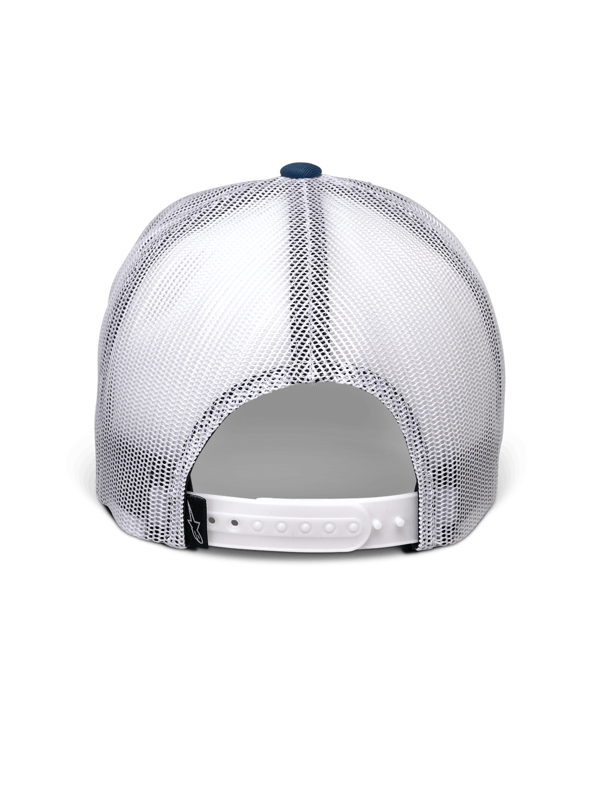 Alpinestars Gambit Trucker Hat, Blau und Weiß, Rückansicht mit atmungsaktiven weißen Mesh-Einsätzen, weißer Snapback-Verschluss mit kleinem schwarzem Alpinestars-Logo-Etikett, lässige, vom Motorsport inspirierte Kopfbedeckung