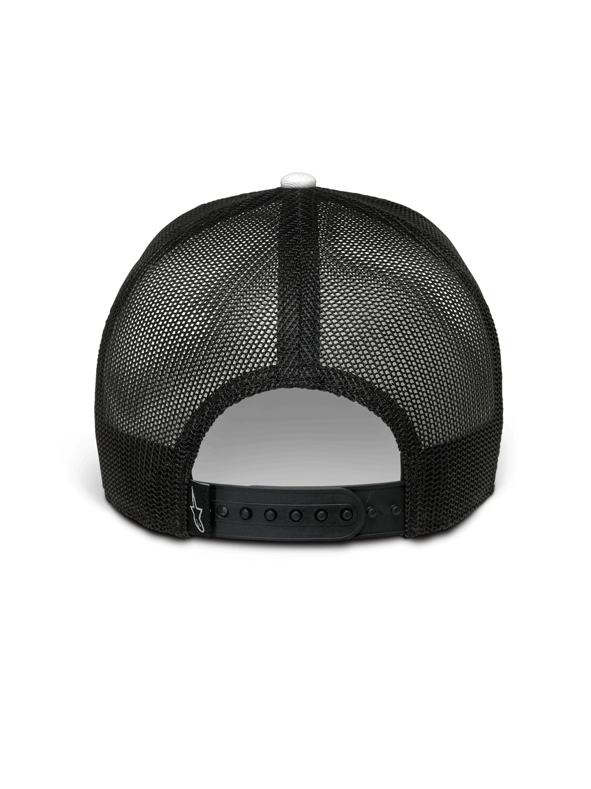 Alpinestars Hardware Trucker Mütze, Weiß und Schwarz, Rückansicht, schwarze Poly-Mesh-Rückseite mit verstellbarem Snapback-Verschluss, kleines weißes Alpinestars-Logo auf dem Verschlussriemen, lässige Motorsport-Streetwear