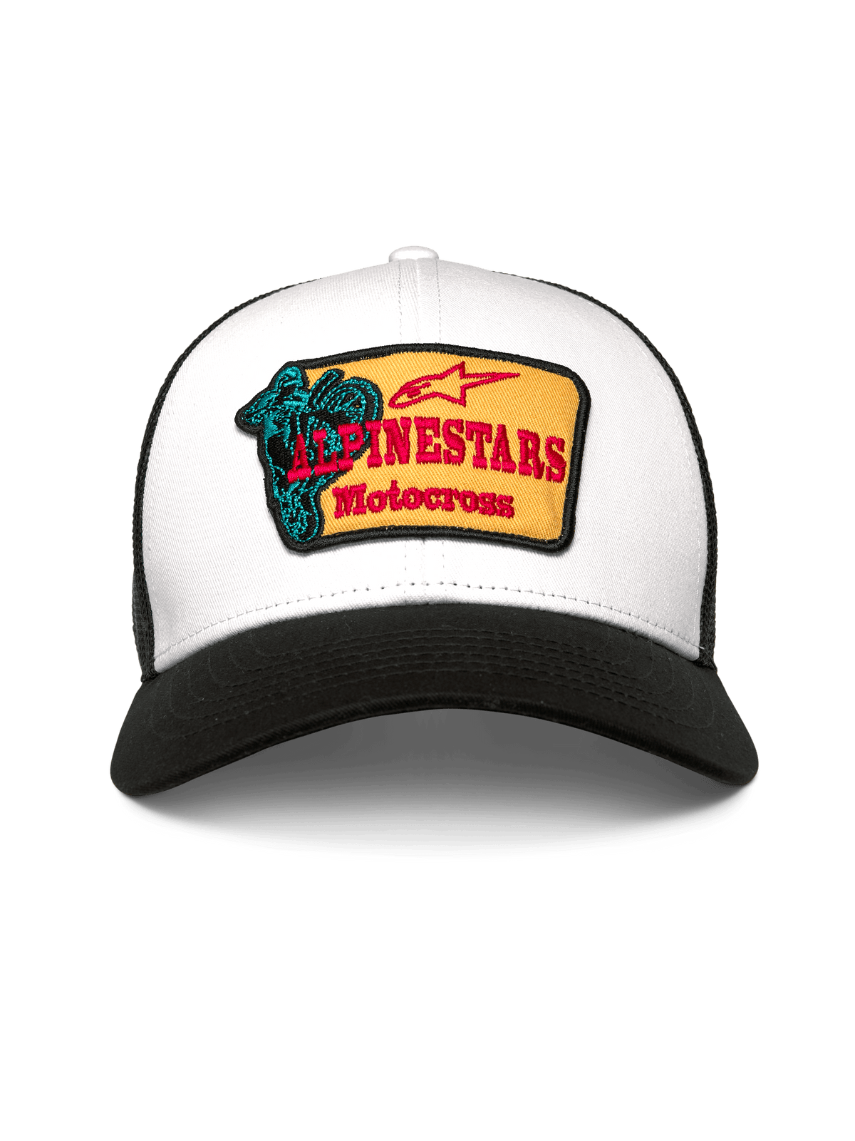 Alpinestars Hardware Trucker Mütze, Trucker Cap, Weiß und Schwarz, mit gelbem Stick-Patch, rotem Alpinestars Motocross-Schriftzug und türkisfarbener Grafik, gebogener Schirm, atmungsaktive Mesh-Rückseite, lässige Kopfbedeckung im Motorsport-Stil