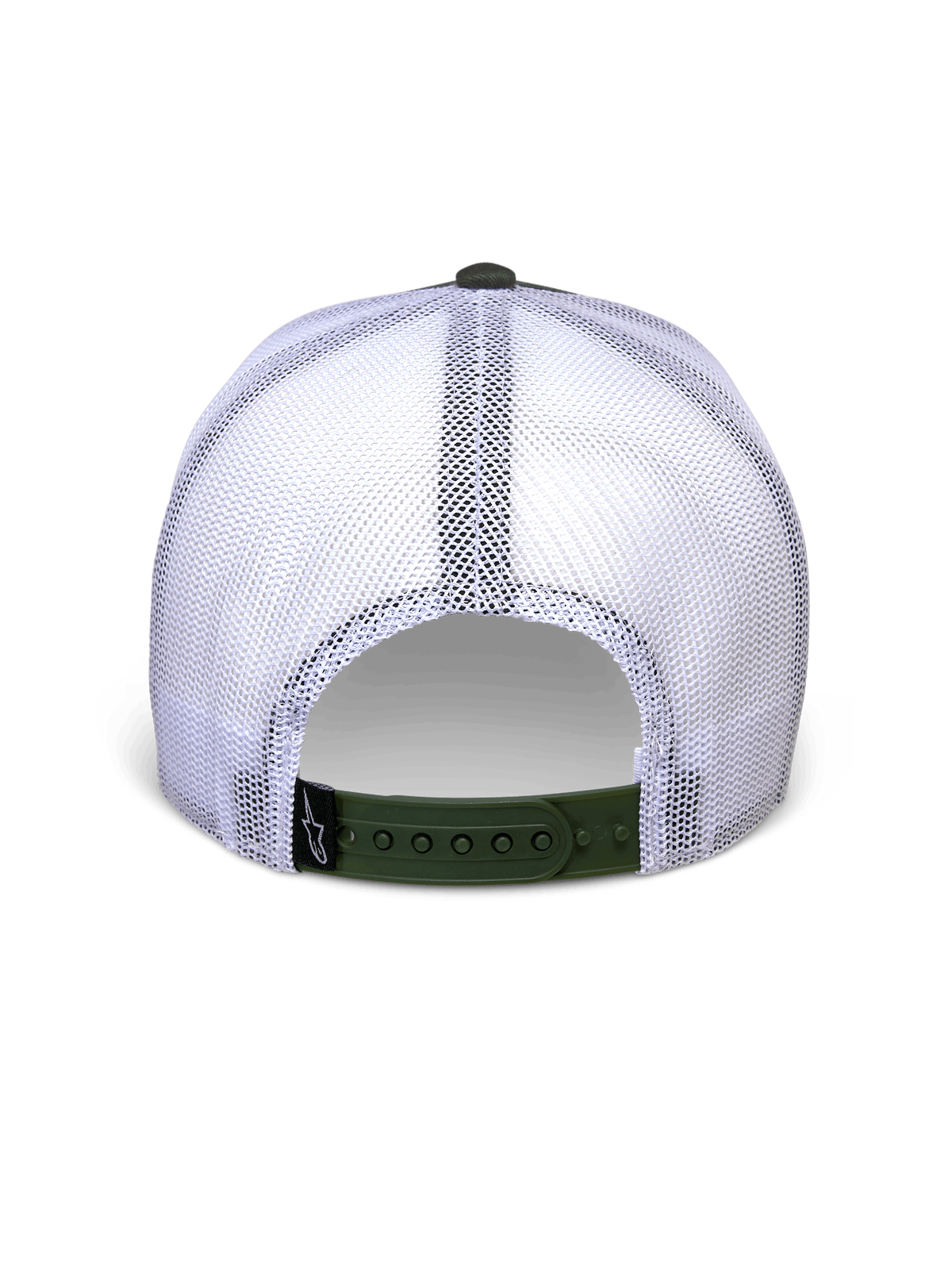 Casquette Trucker Alpinestars Hardware en Military White, vue arrière avec panneaux en maille blanche et fermeture à pression vert olive, petite étiquette noire avec logo A-star, couvre-chef décontracté d'inspiration sport automobile