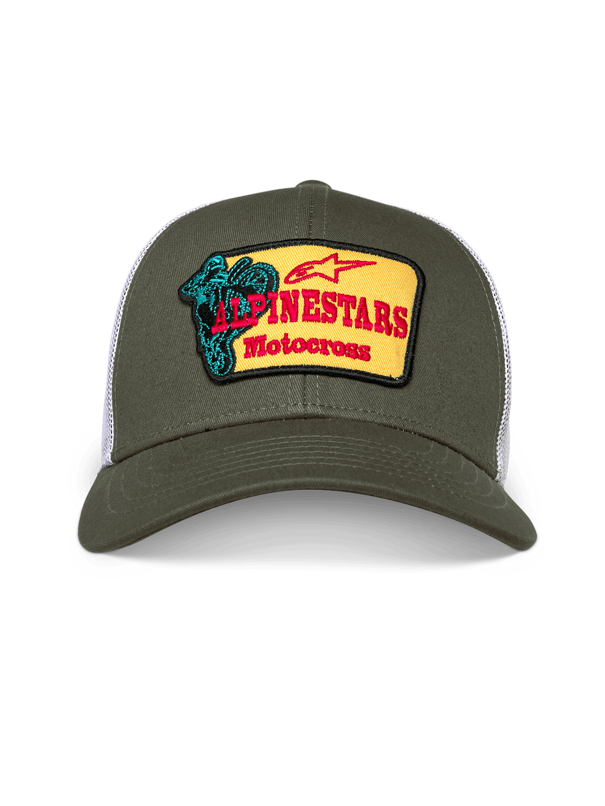 Casquette Trucker Alpinestars Hardware, casquette trucker vert olive et blanc, couronne structurée avec visière courbée, écusson brodé jaune à l'avant avec logo Alpinestars Motocross rouge et motif de pilote bleu sarcelle, style streetwear décontracté