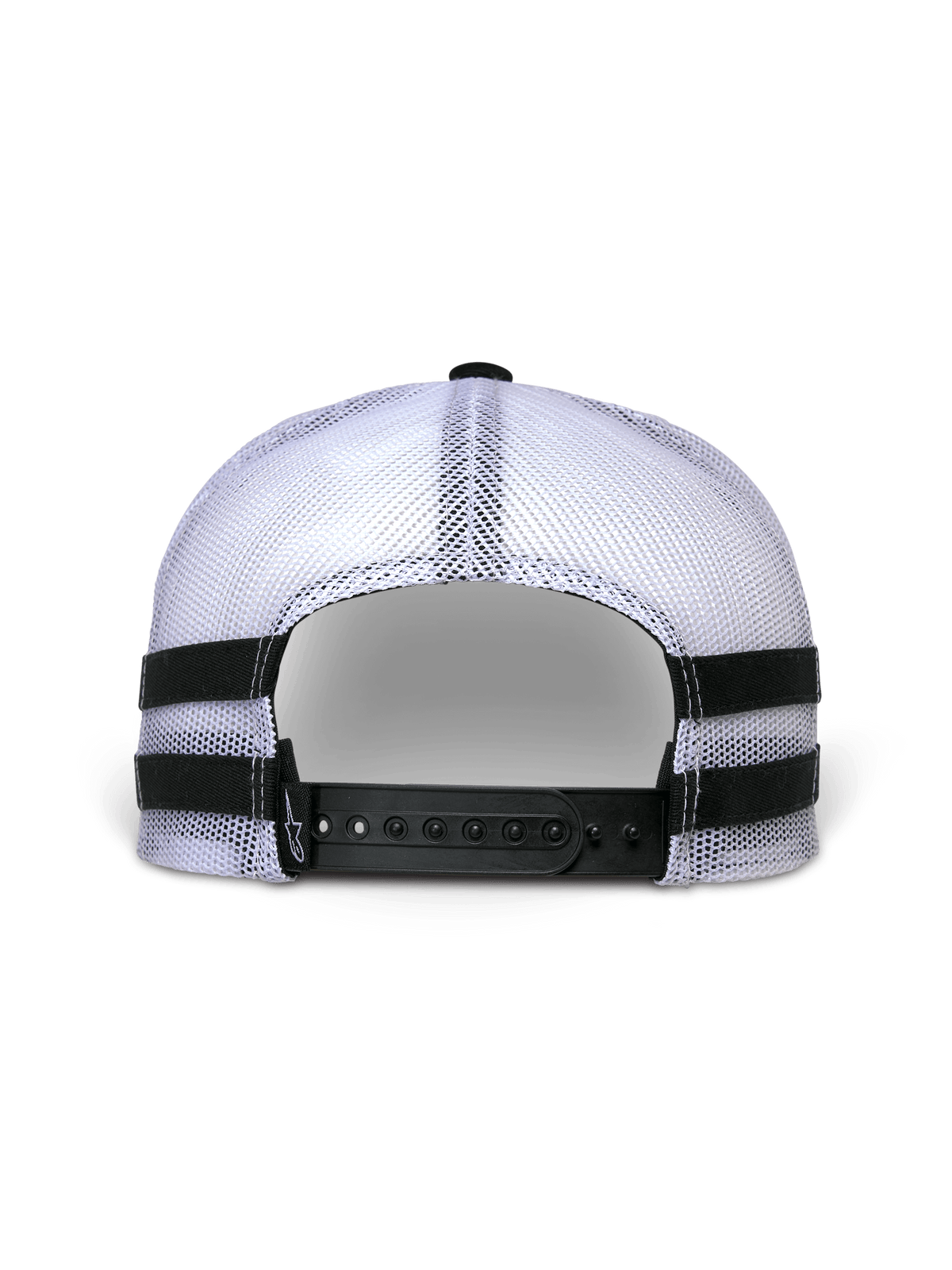 Alpinestars Backline Trucker Mütze, Rückansicht, weiße Mesh-Rückseite mit schwarzem Snapback-Verschluss, horizontale schwarze Applikationsstreifen an den Seiten, lässiger Motorsport-Streetwear-Stil