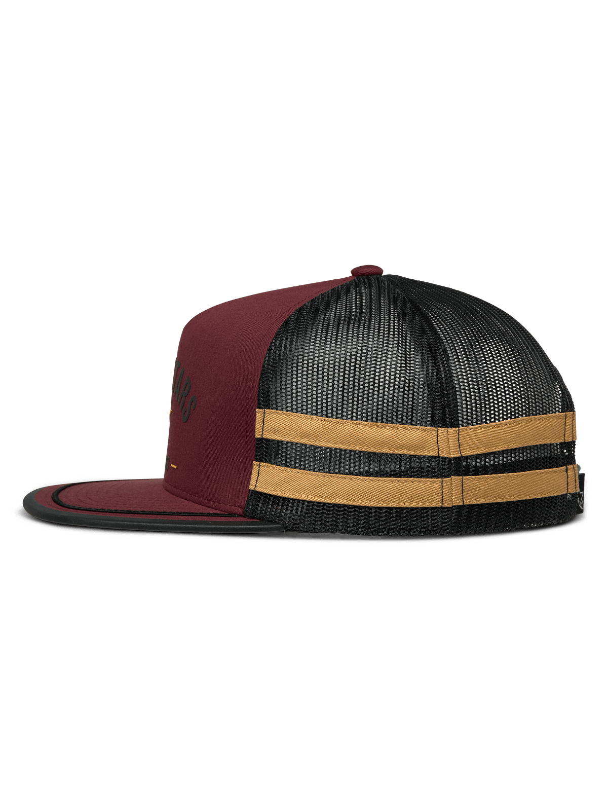 Alpinestars Backline Trucker Mütze, Seitenansicht, Brick Black und Mustard, kastanienbraune Twill-Front mit schwarzer Mesh-Rückseite, horizontale senfgelbe Streifen an der Seite, flacher Schirm mit schwarzer Randeinfassung, lässige vom Motorsport inspirierte Snapback
