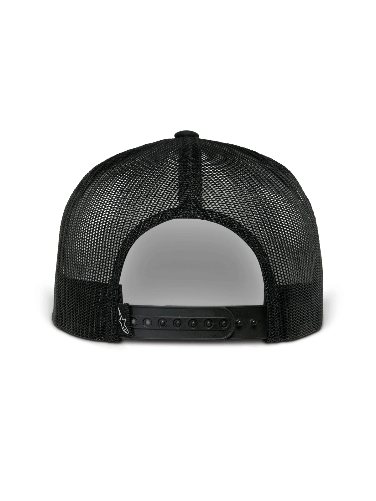 Alpinestars Orion Trucker Pet, achteraanzicht, marineblauw en zwart, voorzien van zwart poly mesh en snapback-sluiting, casual door motorsport geïnspireerde pet