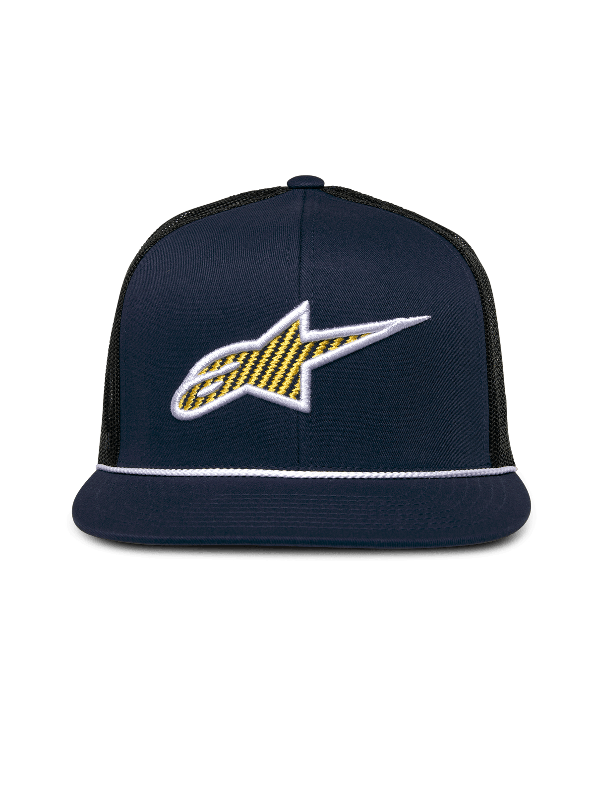 Alpinestars Orion Trucker pet, marineblauw en zwart, 3D Ageless-logo op de voorkant met gele patroonvulling en witte rand, platte klep met witte touwafwerking, gestructureerde kroon en zwarte mesh achterkant, casual motorsport hoofdbedekking