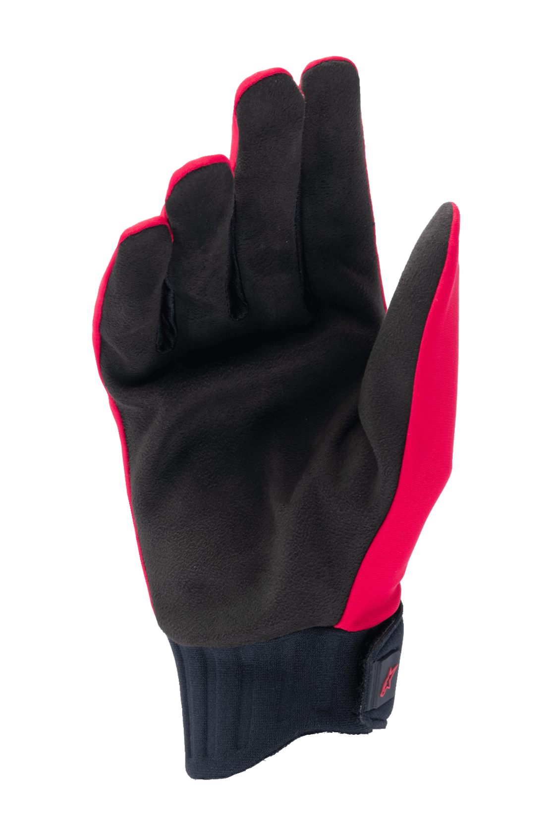 Gants de pluie Alpinestars Stella A-Dura pour femme, rouge fluo et noir, vue de la paume en suède synthétique, manchette en néoprène côtelé avec fermeture de poignet à crochet et boucle, gants de cyclisme imperméables