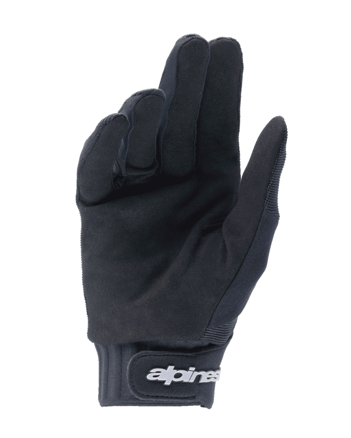 Alpinestars Youth A-Dura Handschuhe, Schwarz, Ansicht der Handfläche zeigt synthetisches Wildleder für Grip, Neopren-Manschette mit Klettverschluss am Handgelenk und weißem Logo, entwickelt für Jugend-Mountainbike und Offroad-Radsport.