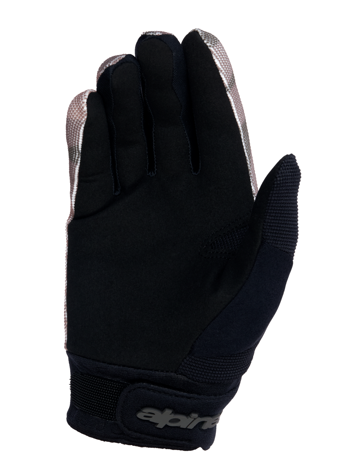 Alpinestars Youth A-Dura Gloves, Mountain Bike Gloves, Camo and Black, palm side view featuring durable synthetic suede for grip, a neoprene cuff with hook and loop wrist closure, and a wicking thumb sweat wipe panel.