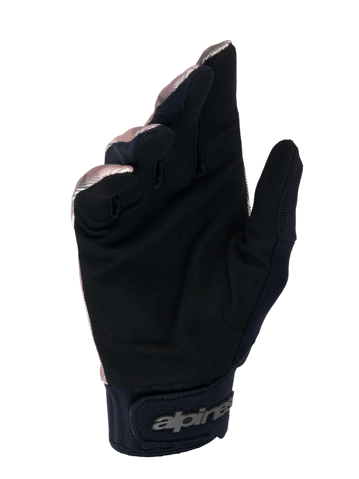 Alpinestars A-Dura Squad Handschuhe, MTB-Handschuhe, Camo und Braun, Handflächenansicht zeigt schwarzes synthetisches Wildleder, Neoprenmanschette mit Klettverschluss und Alpinestars-Logo, strapazierfähiges Design für Mountainbiking