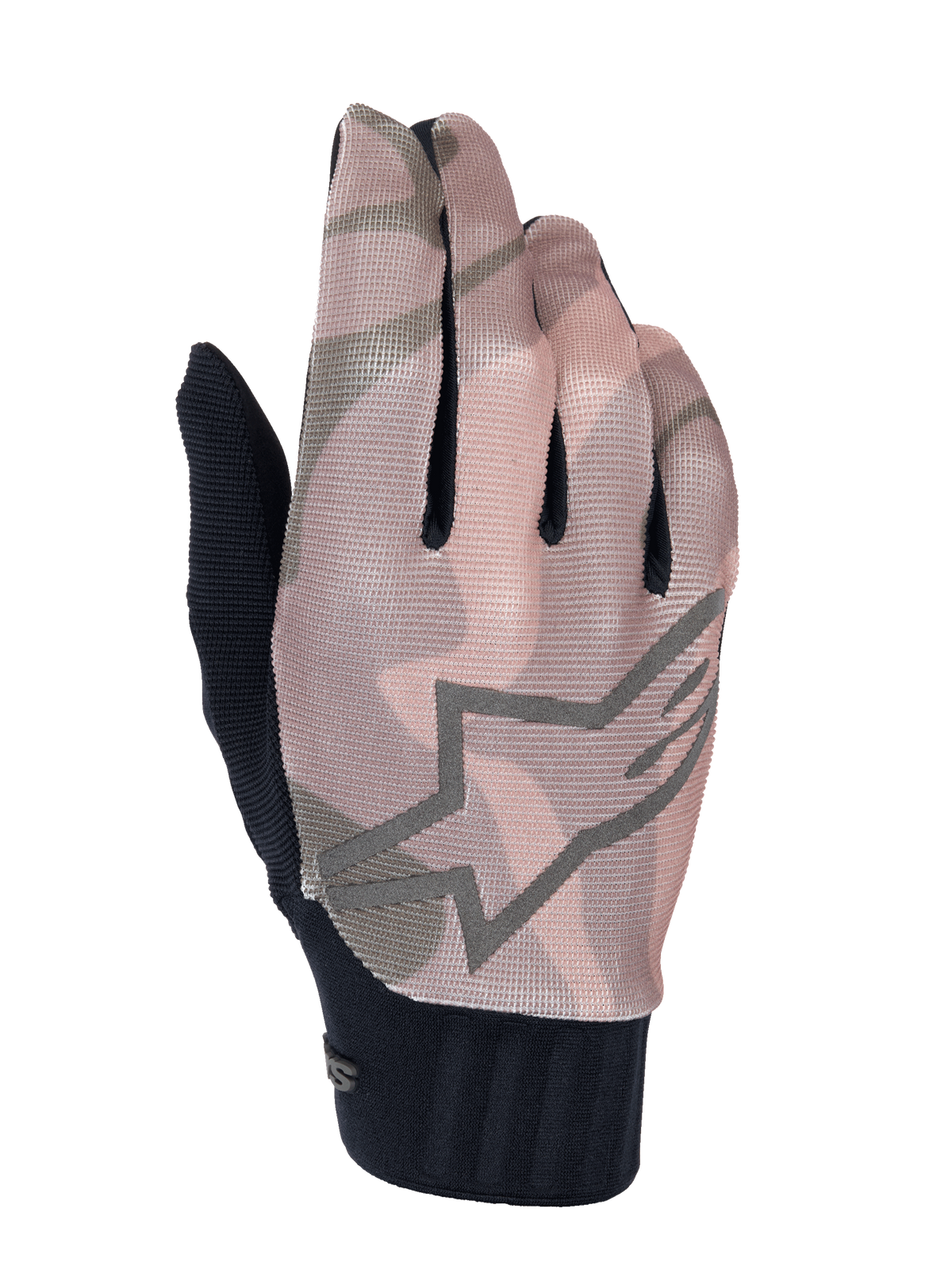 Alpinestars A-Dura Squad Handschuhe, Mountainbike-Handschuhe, braun-graues Camouflage-Muster, großer Sternlogo-Umriss auf dem Handrücken, strukturiertes Mesh-Obermaterial, schwarzes geripptes Bündchen