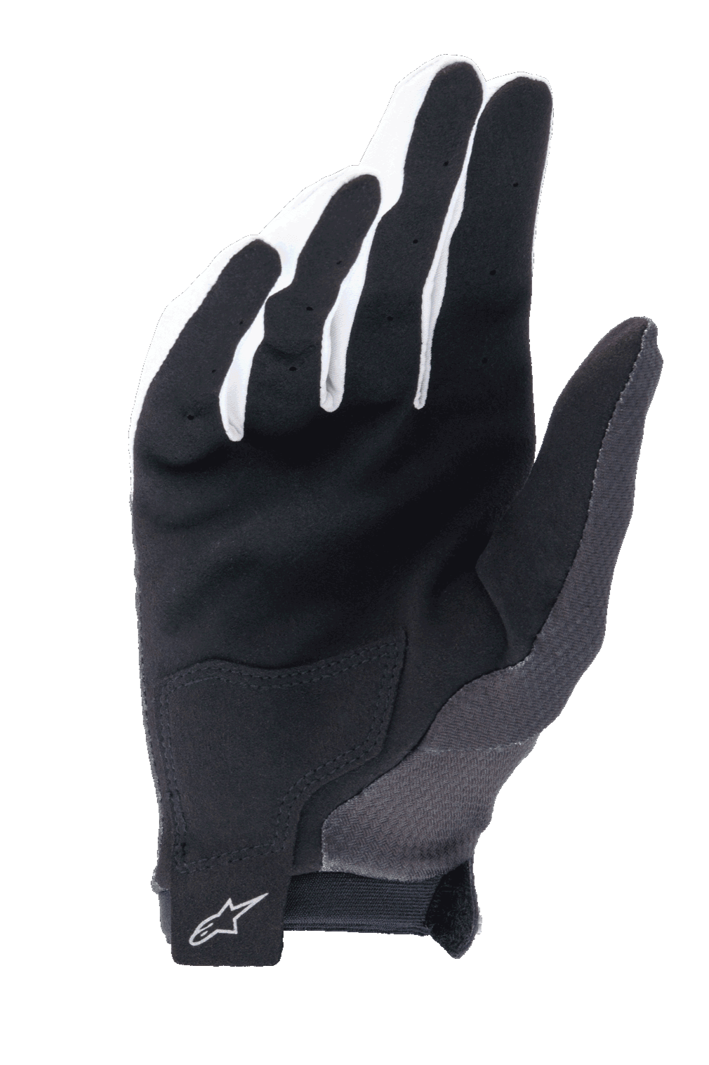 Gants Alpinestars A-Aria, Noir, vue de la paume montrant le daim synthétique pour l'adhérence, empiècement de paume renforcé et fermeture à crochet et boucle au poignet avec logo Alpinestars, gants de VTT légers