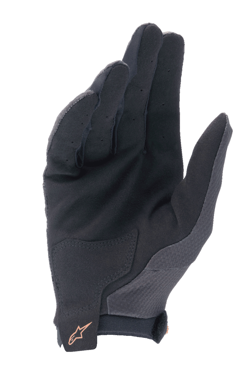 Alpinestars A-Aria handschoenen, MTB-fietshandschoenen, zwart met Dark Gold logo, zicht op de handpalm met synthetisch suède materiaal, geperforeerde vingers voor ventilatie en verstevigd vlak op de handpalm.