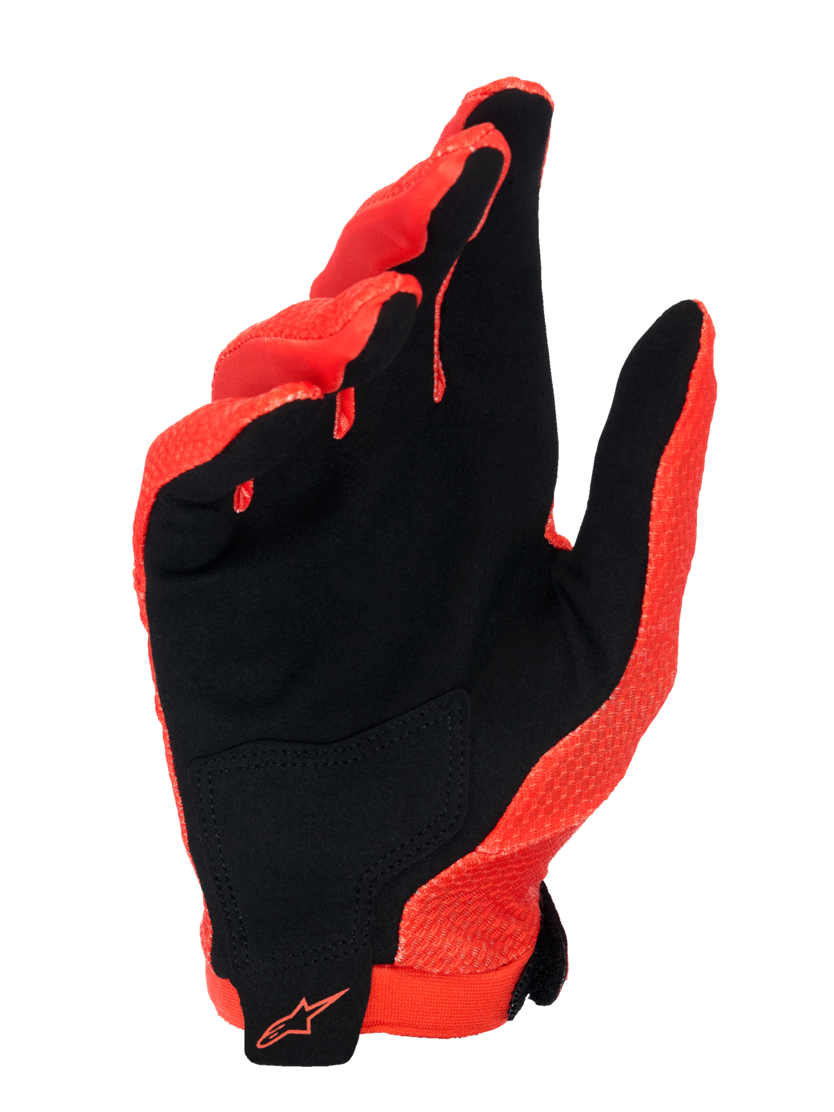 Alpinestars A-Aria Handschuhe, Spicy Orange und Schwarz, Handflächenansicht mit synthetischem Wildledermaterial und einem schwarzen Handflächen-Patch, orangefarbenes Alpinestars-Logo am Handgelenk, leichtes und belüftetes Design für MTB und Offroad-Radsport