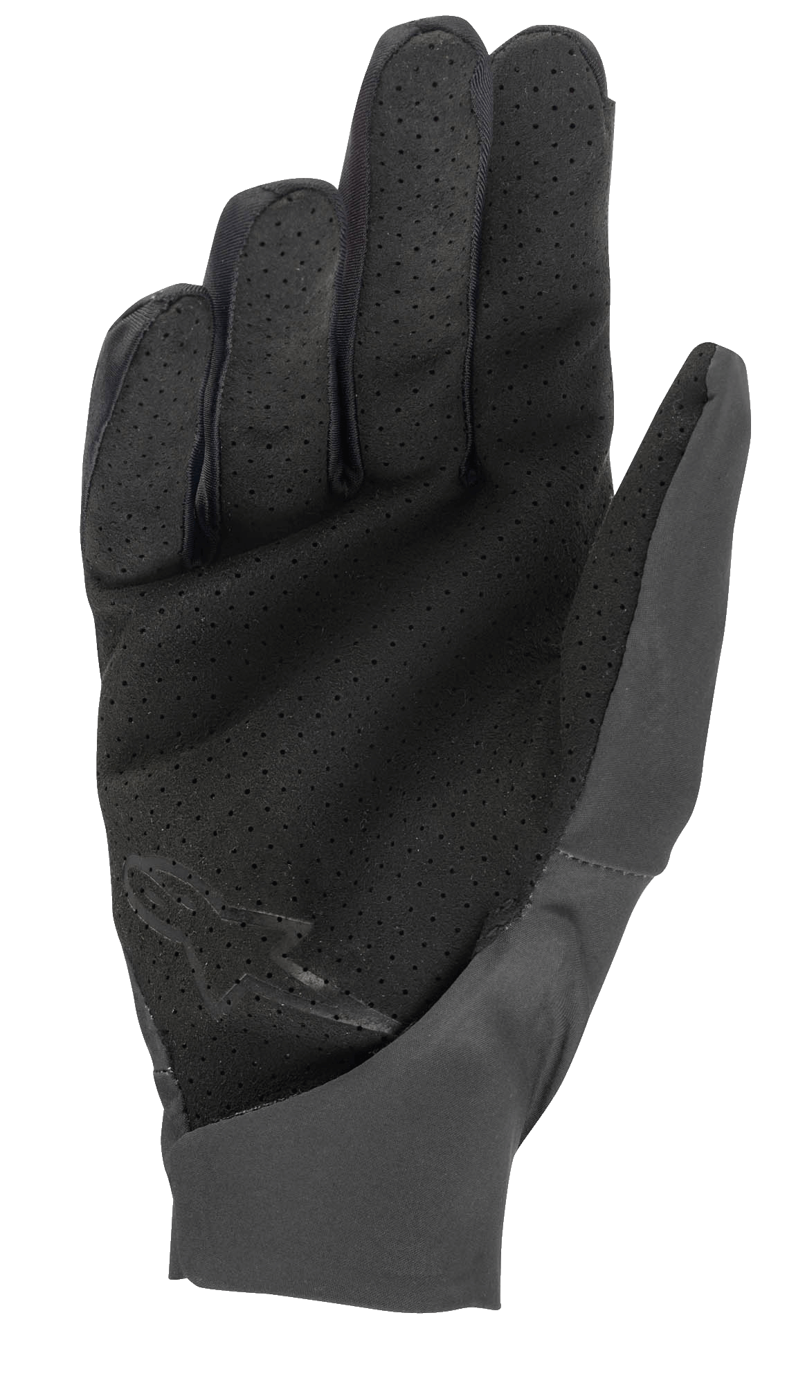 Gants Alpinestars Drop 4.0, noir, vue de la paume montrant le matériau perforé pour la circulation de l'air, construction ajustée avec tissu stretch léger, logo discret sur le bas de la paume, conçu pour le VTT et l'enduro