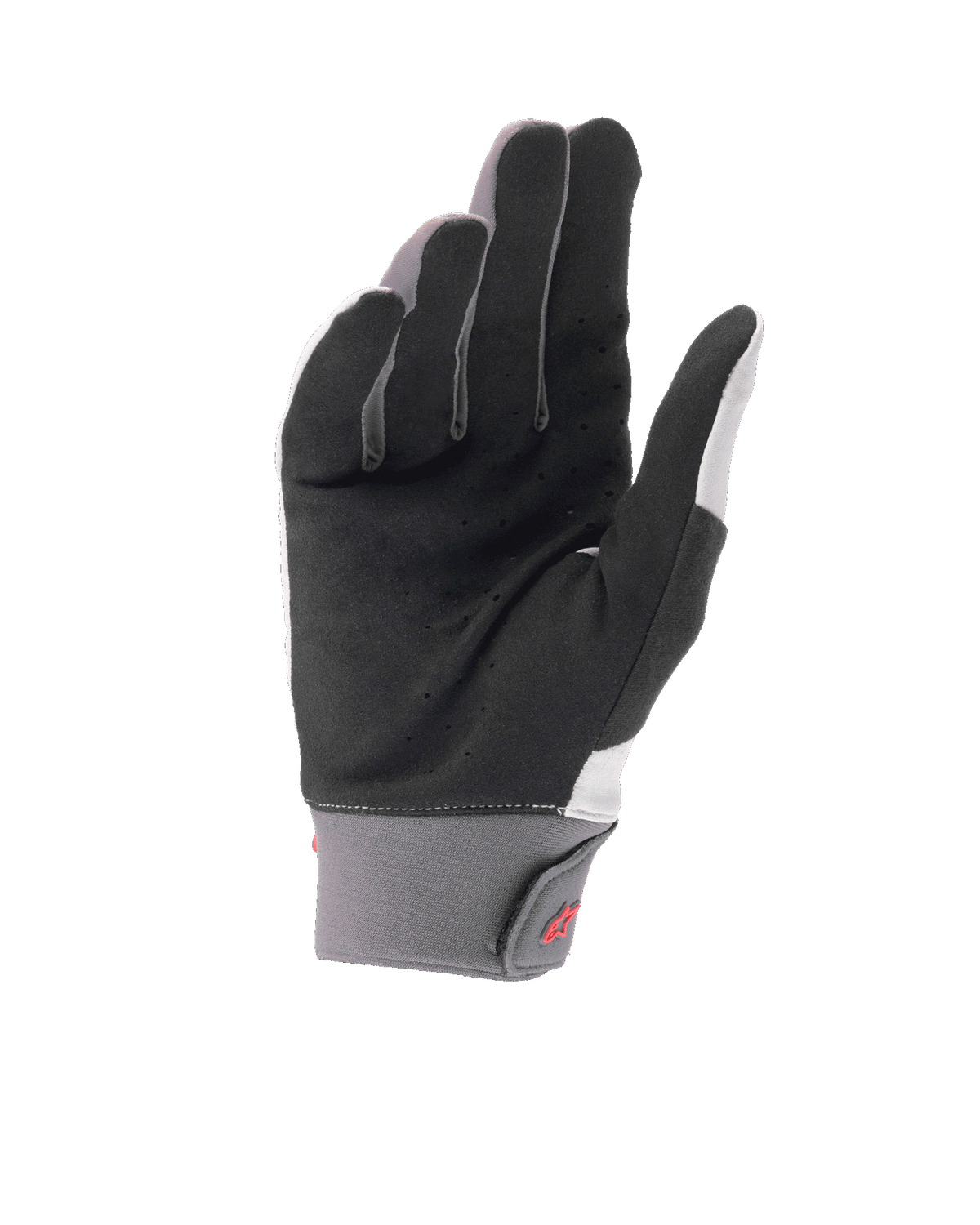Gants Alpinestars A-Supra Shield, gants de VTT gris clair, vue de la paume montrant du daim synthétique noir perforé pour la ventilation, manchon en néoprène gris avec fermeture à crochet et boucle arborant un logo rouge