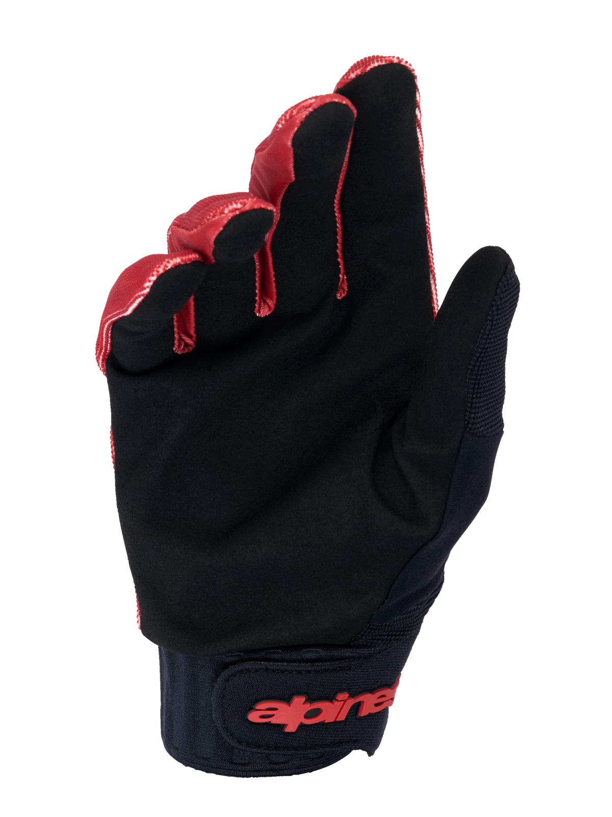 Gants Alpinestars A-Dura, gants de VTT, orange foncé et noir, vue de la paume en daim synthétique noir pour l'adhérence, large manchette en néoprène avec logo rouge sur la fermeture à crochet et boucle au poignet, conçus pour la durabilité et le toucher en VTT