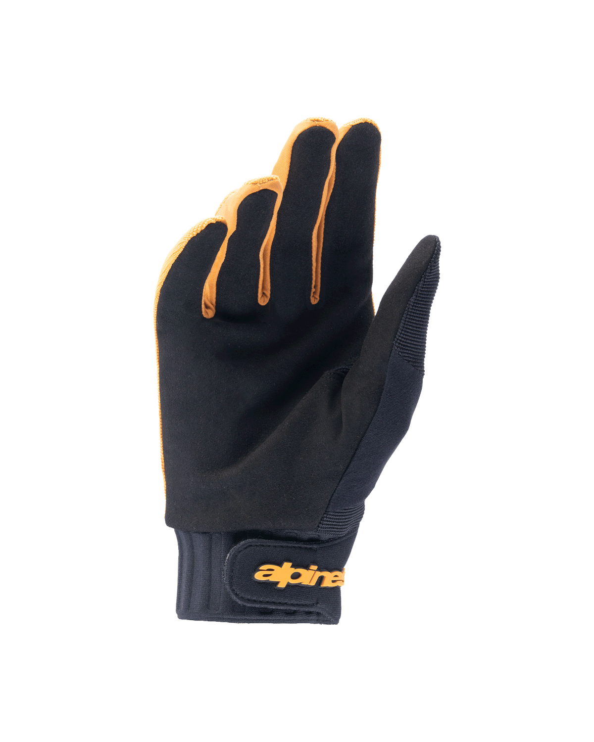 Alpinestars A-Dura handschoenen, mountainbike handschoenen, donkergoud en zwart, binnenzijde toont synthetisch suède materiaal, neopreen manchet met gouden klittenbandsluiting aan de pols, ontworpen voor grip en mobiliteit bij het fietsen