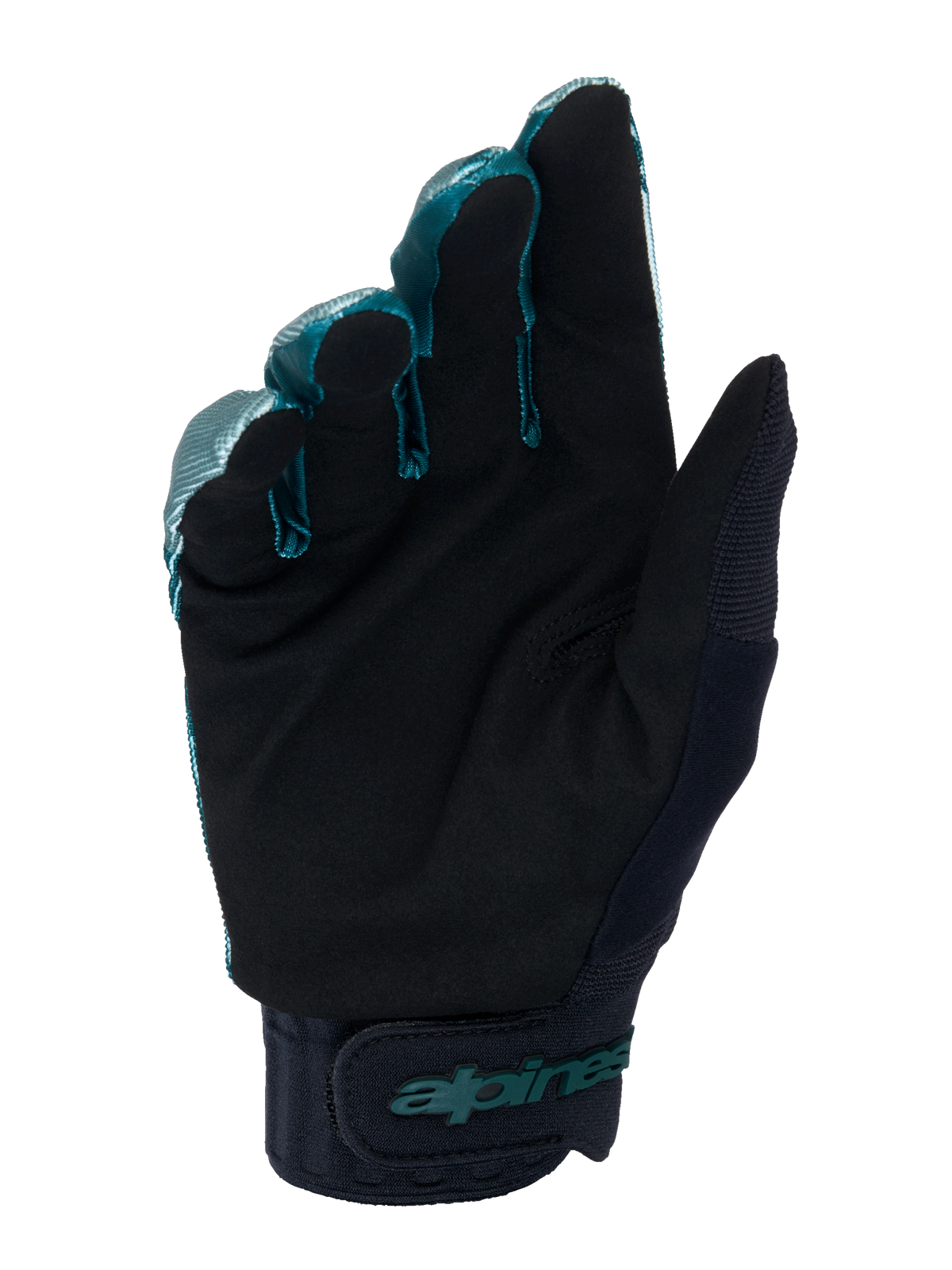 Gants Alpinestars A-Dura, gants de cyclisme VTT, Camo Vert et Noir, vue côté paume montrant un matériau en daim synthétique noir, manchette en néoprène avec sangle à crochet et boucle réglable, logo Alpinestars bleu sarcelle, équipement tout-terrain professionnel