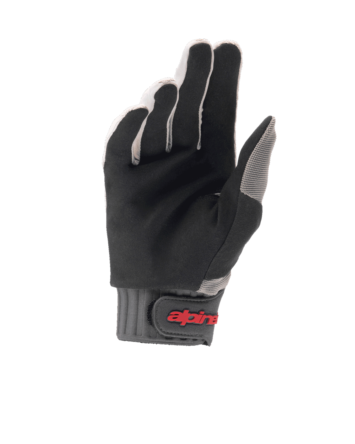 Alpinestars A-Dura handschoenen, MTB-fietshandschoenen, lichtgrijs en zwart, handpalmweergave met nadruk op duurzaam synthetisch suède, grijze geribbelde manchet met klittenbandsluiting en rood logo, ontworpen voor grip en comfort tijdens het mountainbiken