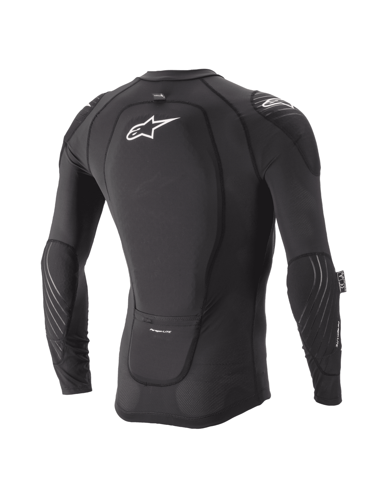 Veste de protection Alpinestars Youth Paragon Lite, manches longues, noir, vue arrière montrant la protection dorsale intégrée et le logo blanc, manches en maille respirante avec rembourrage aux coudes, protection corporelle VTT légère