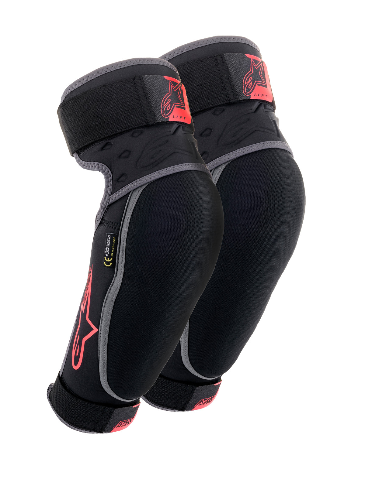 Alpinestars Vector Elbow Protectors, Black Anthracite and Red, MTB Protection Gear, pair of guards with gray piping, red star logo and Vector branding, adjustable straps, and ergonomic compression fit