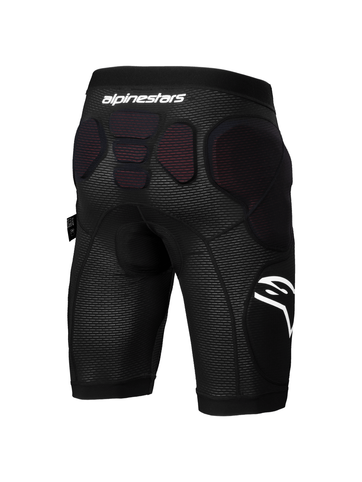 Alpinestars A-Impact Plasma Protektorenshorts, Mountainbike-Protektorenshorts, Schwarz und Weiß, Rückansicht mit integrierten Schutzpolstern an Hüfte und unterer Wirbelsäule, atmungsaktives Mesh-Gewebe mit weißem Alpinestars-Branding, entwickelt für Enduro- und Gravity-Radsport.