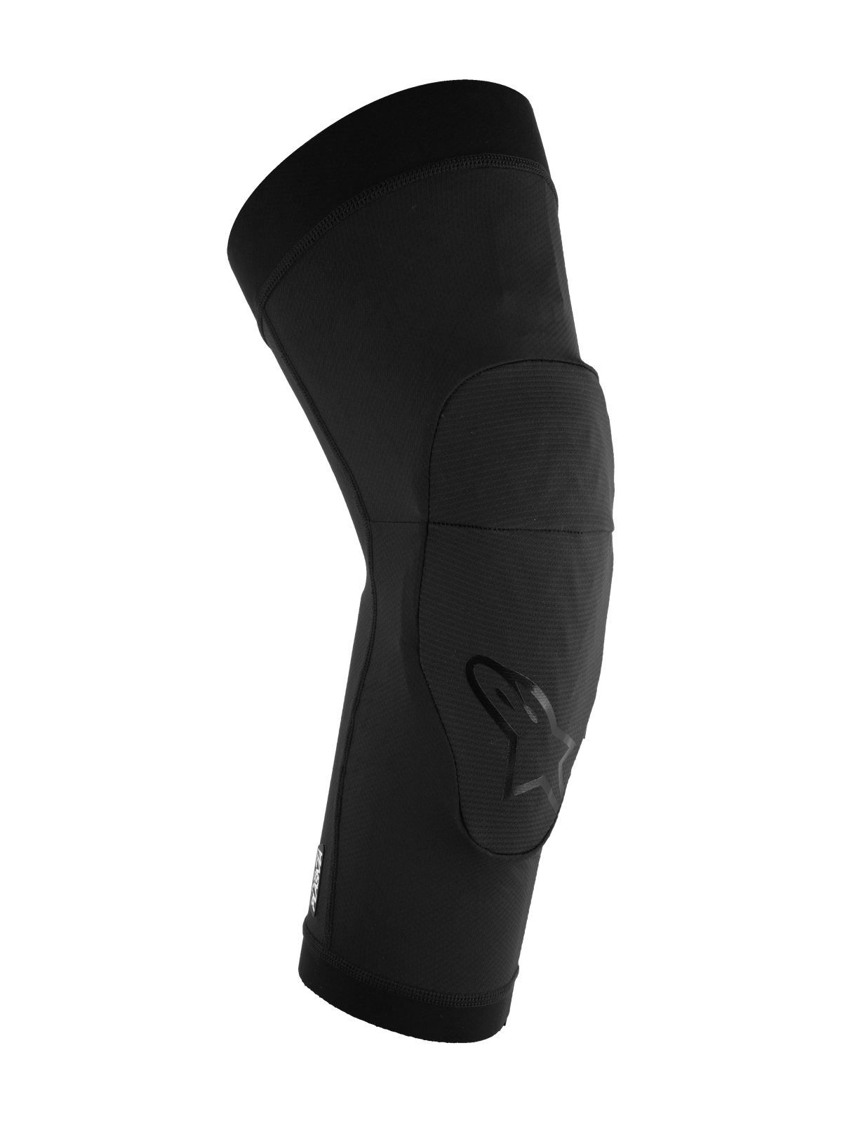 Alpinestars A-Motion Plasma Knee Sleeve, MTB-kniebeschermer, zwart, voorgevormd ergonomisch ontwerp met Nucleon Plasma impactpad, ademende stretch mesh-stof met Alpinestars-logo op de knie, instapbescherming voor mountainbiken