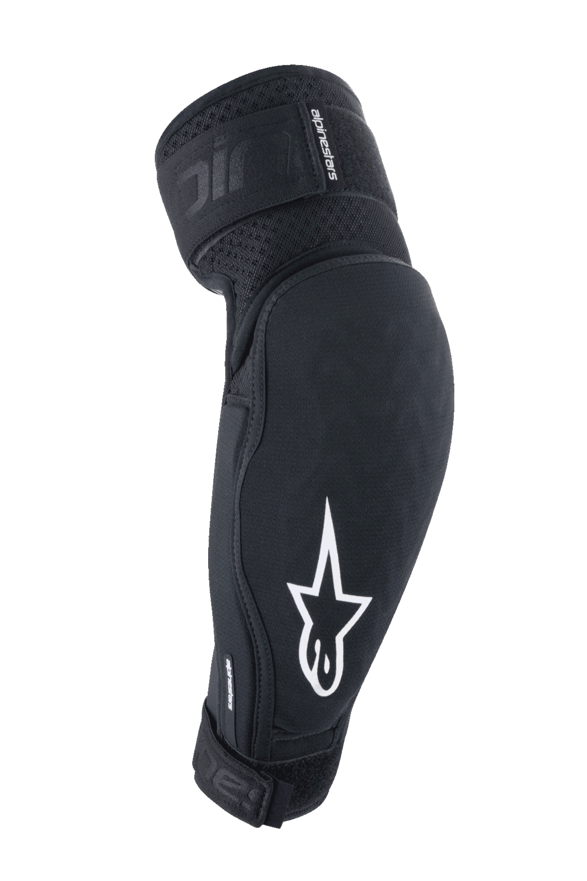 Coudières Alpinestars A-Impact Plasma Elite, noir et blanc, équipement de protection pour VTT avec logo étoile blanc, tissu texturé respirant, sangles ajustables avec fermeture Velcro, design ergonomique pré-courbé