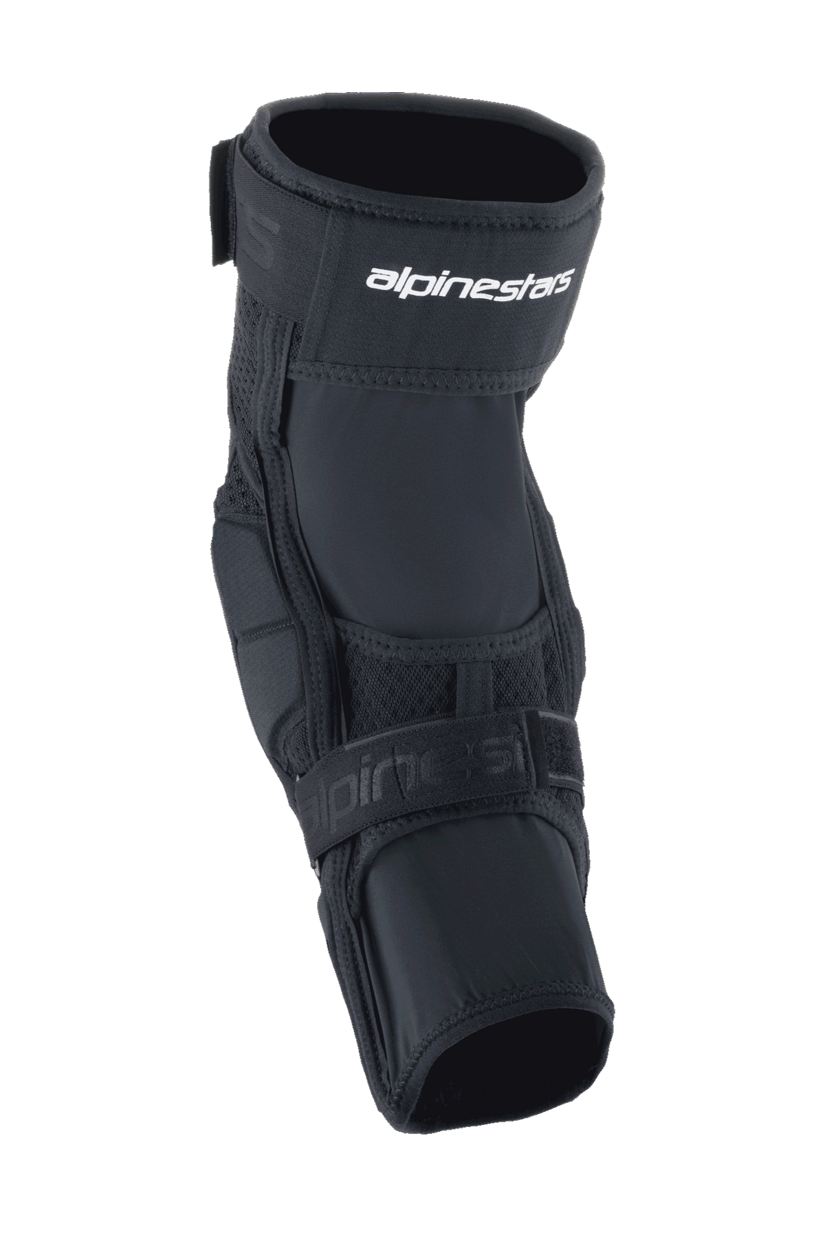 Genouillères Alpinestars A-Impact Plasma Elite, protecteur de genou pour le cyclisme, noir et blanc, doté d'un système de fermeture à double sangle avec logo Alpinestars blanc, de panneaux en mesh et d'un design ergonomique pré-courbé pour la protection contre les impacts VTT