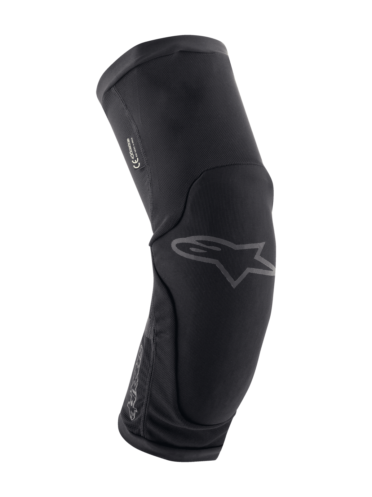 Genouillères Alpinestars Paragon Plus, protection de genou pour VTT, noires, design ergonomique incurvé avec maille extensible respirante, modèle à enfiler, logo Astar gris discret sur le devant