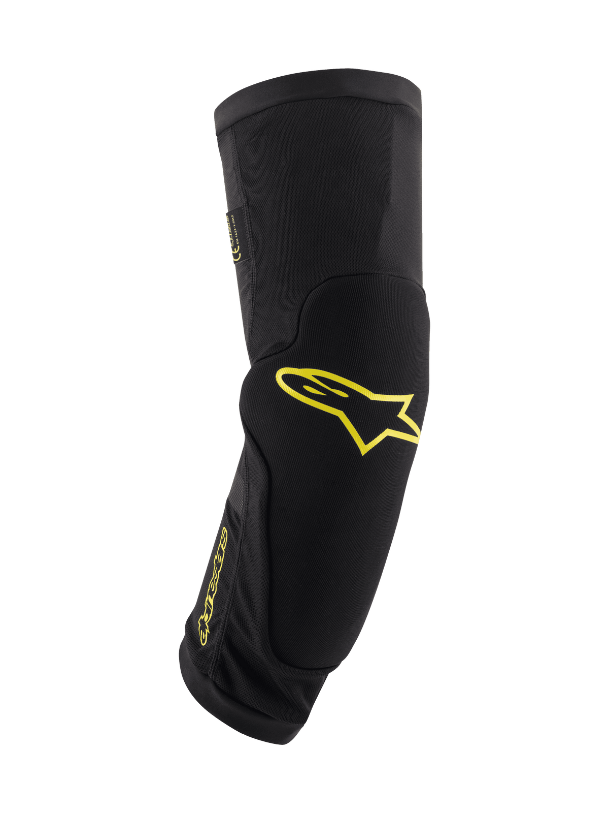 Alpinestars Paragon Plus kniebeschermers, zwart met acid-gele logo's, mountainbike bescherming, instaphoes met geïntegreerde padding, ademende mesh en duurzame textielstof