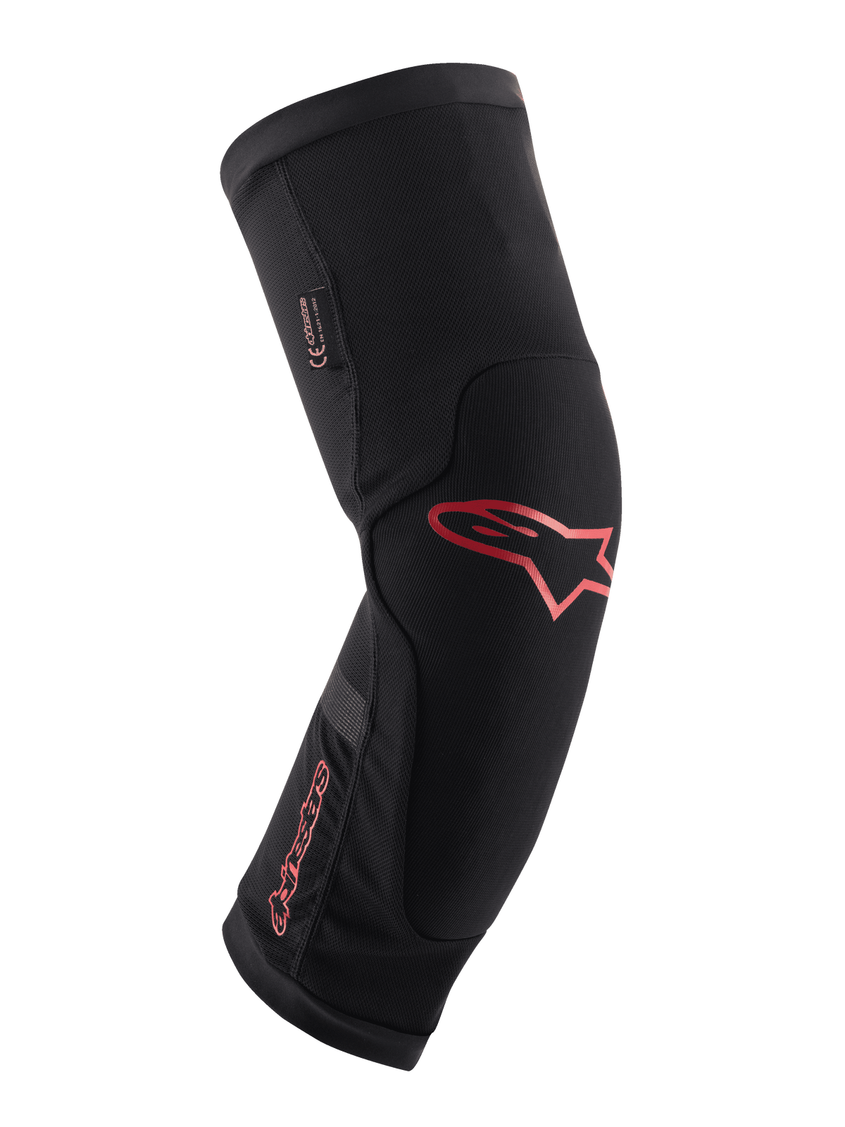 Alpinestars Paragon Plus Knee Protector, Black with Red Alpinestars logo and wordmark, ergonomic slip-on sleeve design, breathable mesh fabric with reinforced panels, mountain biking protective gear