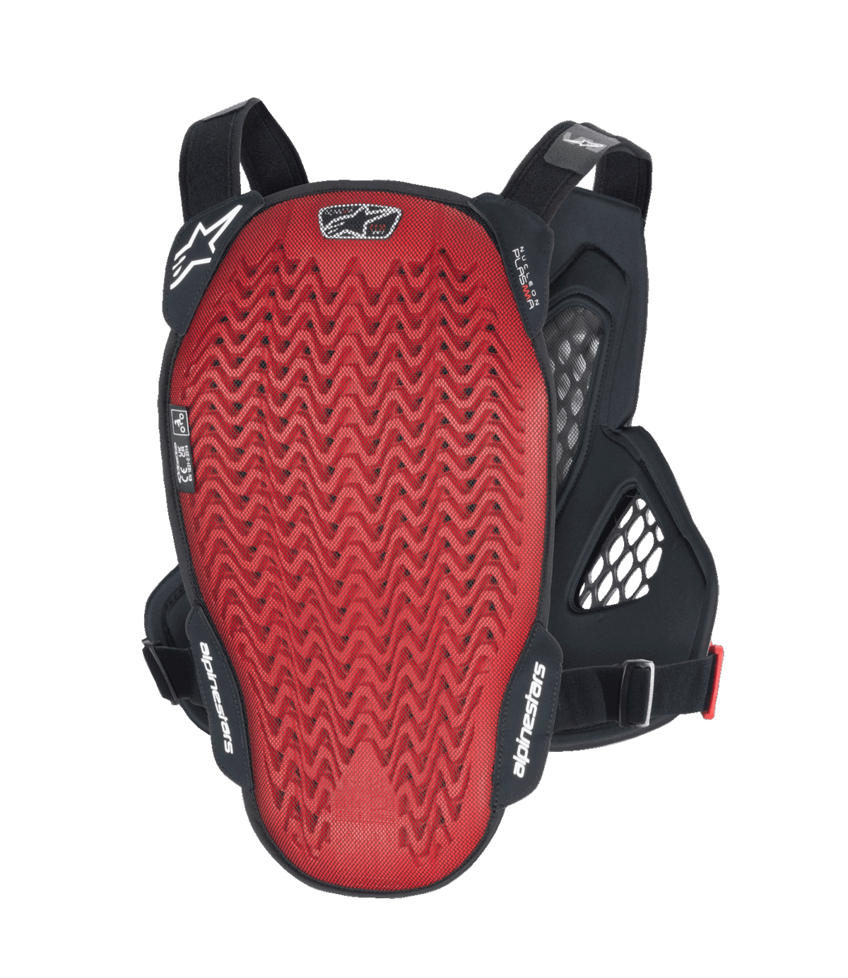 Protecteur de poitrine Alpinestars A-6 Plasma, vue arrière, plaque dorsale Nucleon PLASMA texturée rouge avec ailes latérales noires et sangles réglables, équipement de protection VTT gravity en Noir Anthracite Rouge