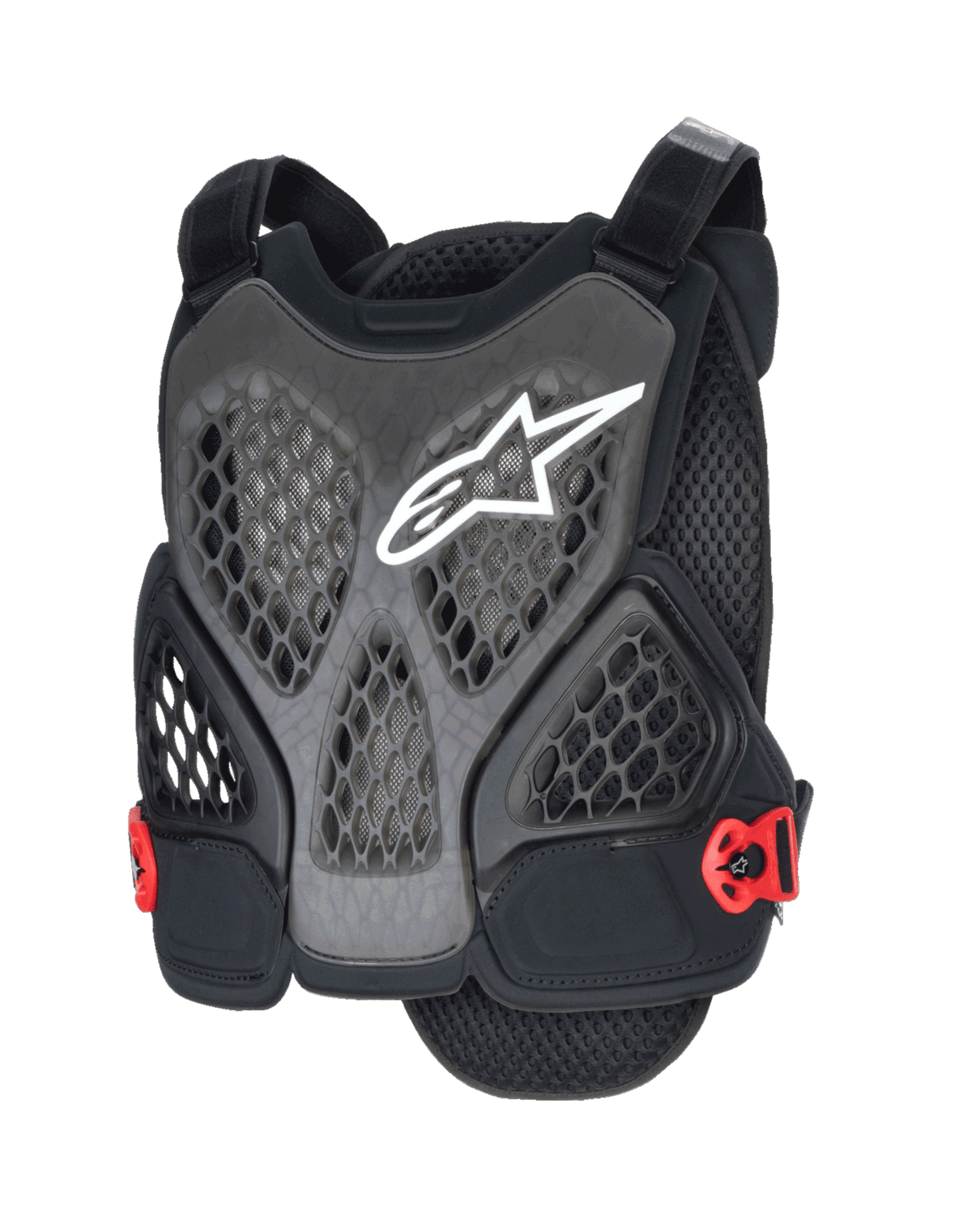 Protecteur de poitrine Alpinestars A-6 Plasma, protection VTT, noir anthracite et rouge, avec logo étoile blanc, panneaux en mesh nid d'abeille perforés pour la ventilation, boucles latérales rouges et bretelles réglables, conçu pour le VTT gravity et tout-terrain