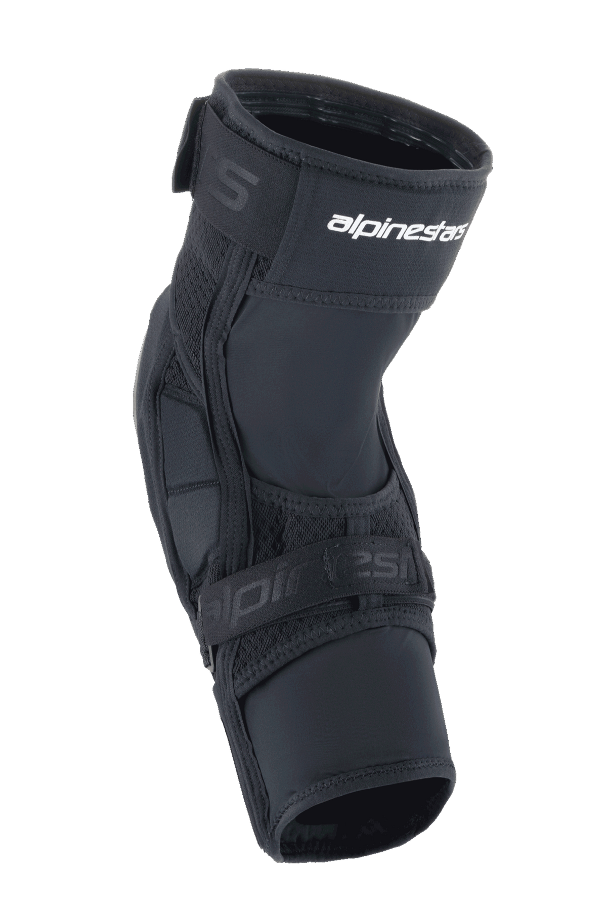 Genouillères Alpinestars A-Impact Plasma Elite Shield, équipement de protection VTT, noir avec logo blanc, design ergonomique pré-courbé, fermeture à double sangle et panneaux en maille respirante pour le VTT
