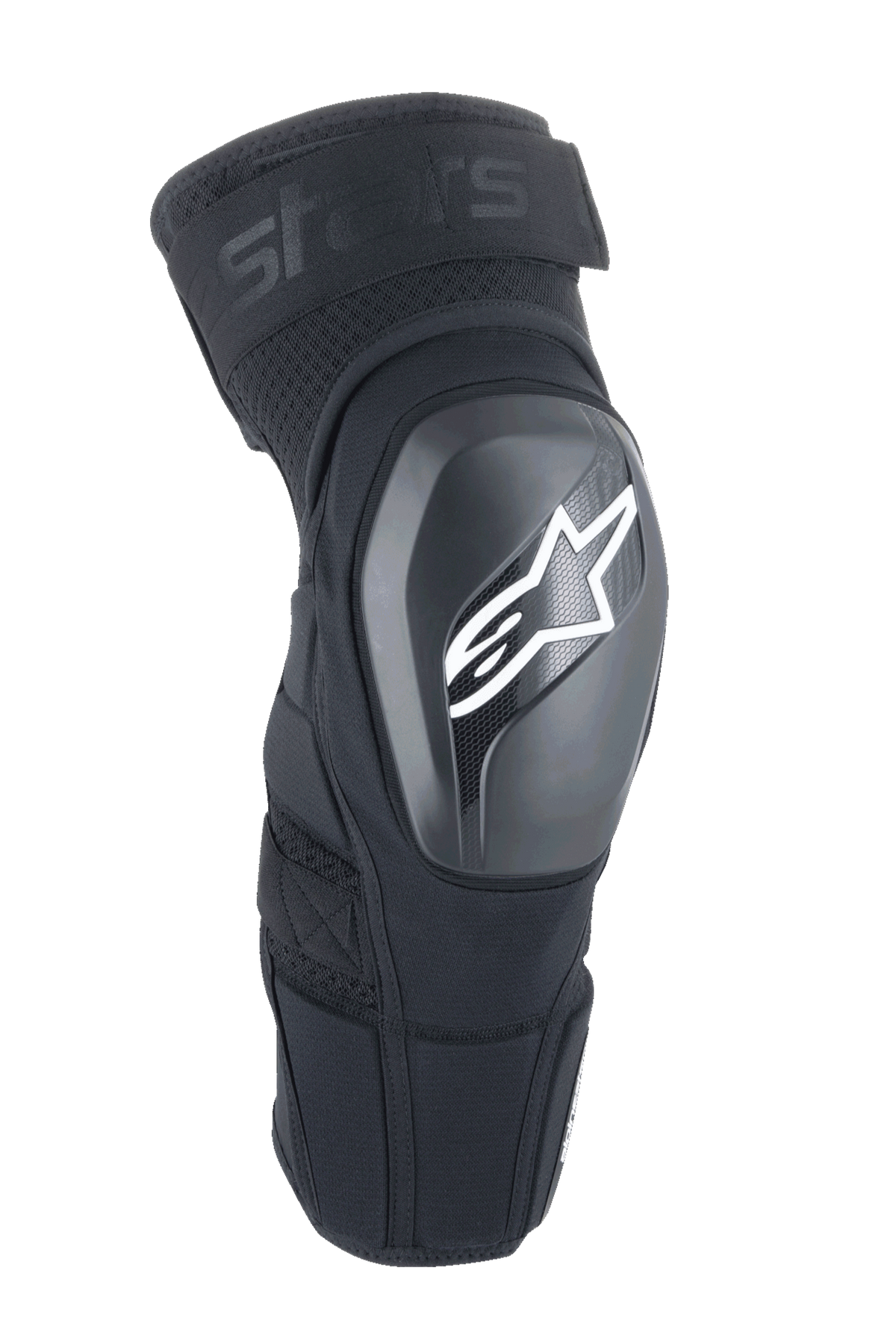 Alpinestars A-Impact Plasma Elite Shield, genouillères de protection, noires avec logo étoile blanc, coque extérieure rigide en TPU, tissu mesh avec sangle supérieure ajustable, design ergonomique pré-courbé, protection VTT et tout-terrain