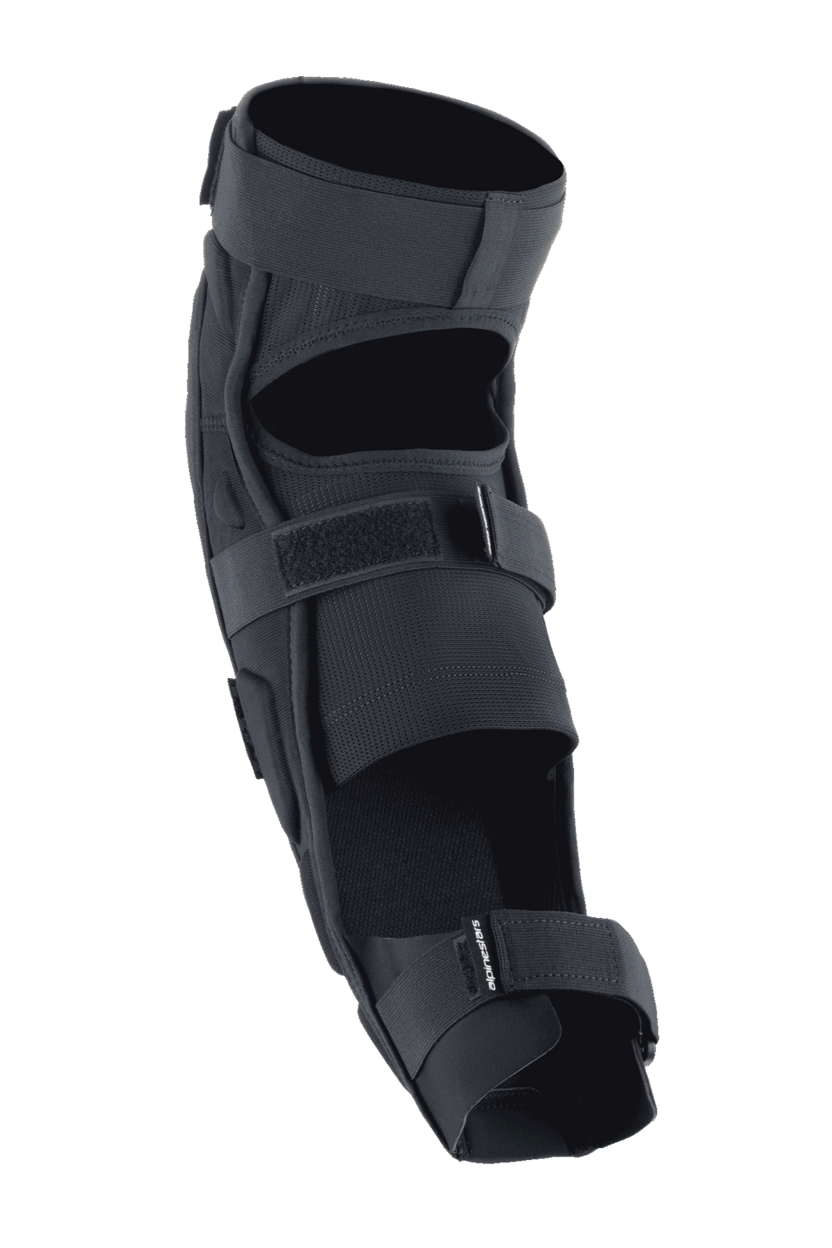 Alpinestars A-Impact Plasma Pro knie- en scheenbeschermer, zwart, achteraanzicht met drievoudig sluitsysteem, ademende mesh-panelen en ergonomisch voorgevormd ontwerp voor off-road fietsbescherming