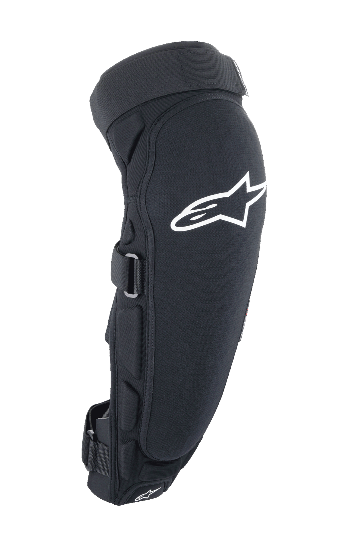 Alpinestars A-Impact Plasma Pro knie- en scheenbeschermer, zwart met wit, zijaanzicht met groot wit Astar-logo, laterale padding en een veilig sluitsysteem met bandjes, off-road fietsbescherming