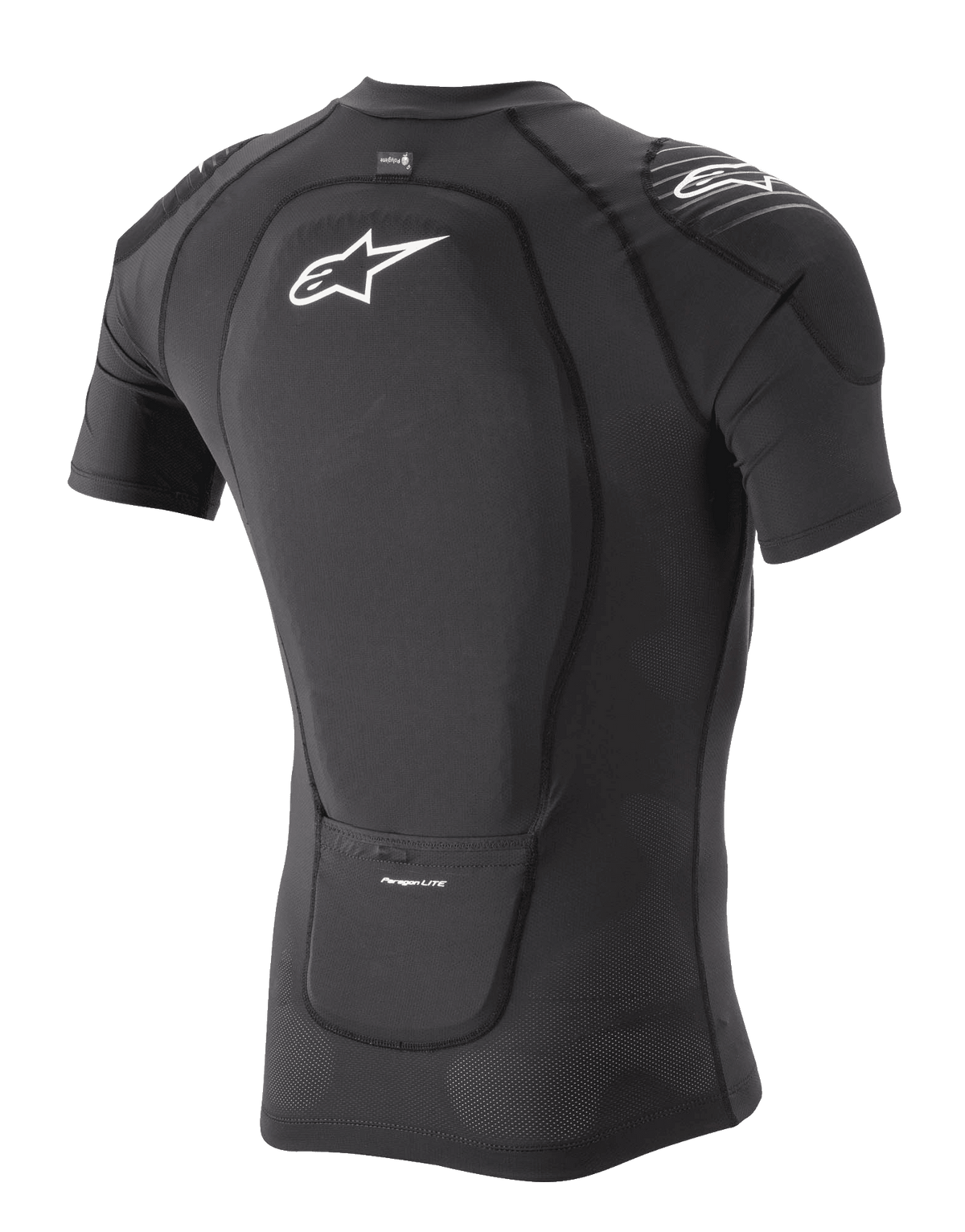Veste de protection Alpinestars Paragon Lite à manches courtes, noire, vue de trois-quarts arrière montrant la protection dorsale intégrée et la construction en maille extensible respirante, avec logo Alpinestars blanc sur le dos et l'épaule, équipement de protection léger pour VTT